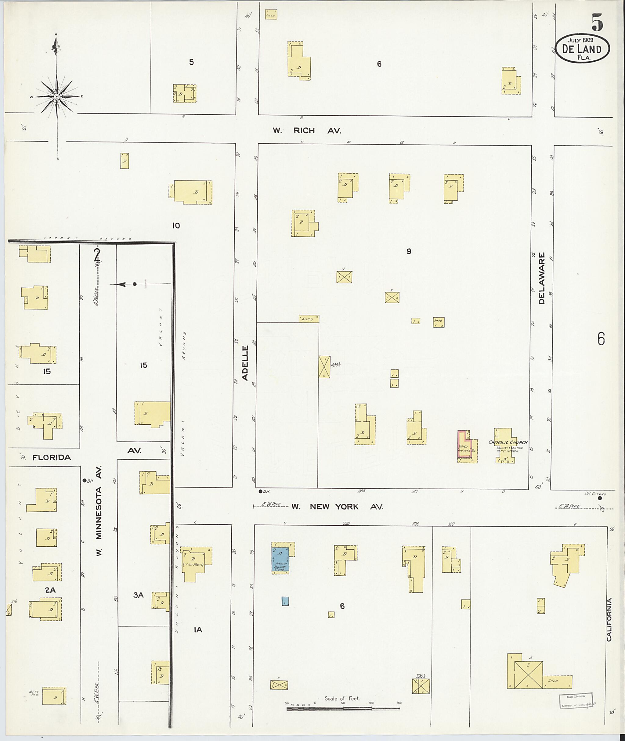 This old map of De Land, Volusia County, Florida was created by Sanborn Map Company in 1909
