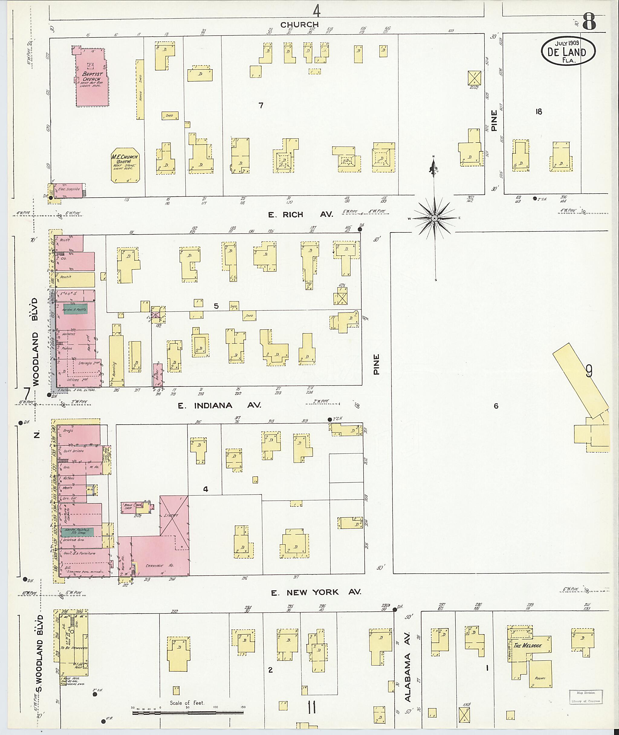 This old map of De Land, Volusia County, Florida was created by Sanborn Map Company in 1909