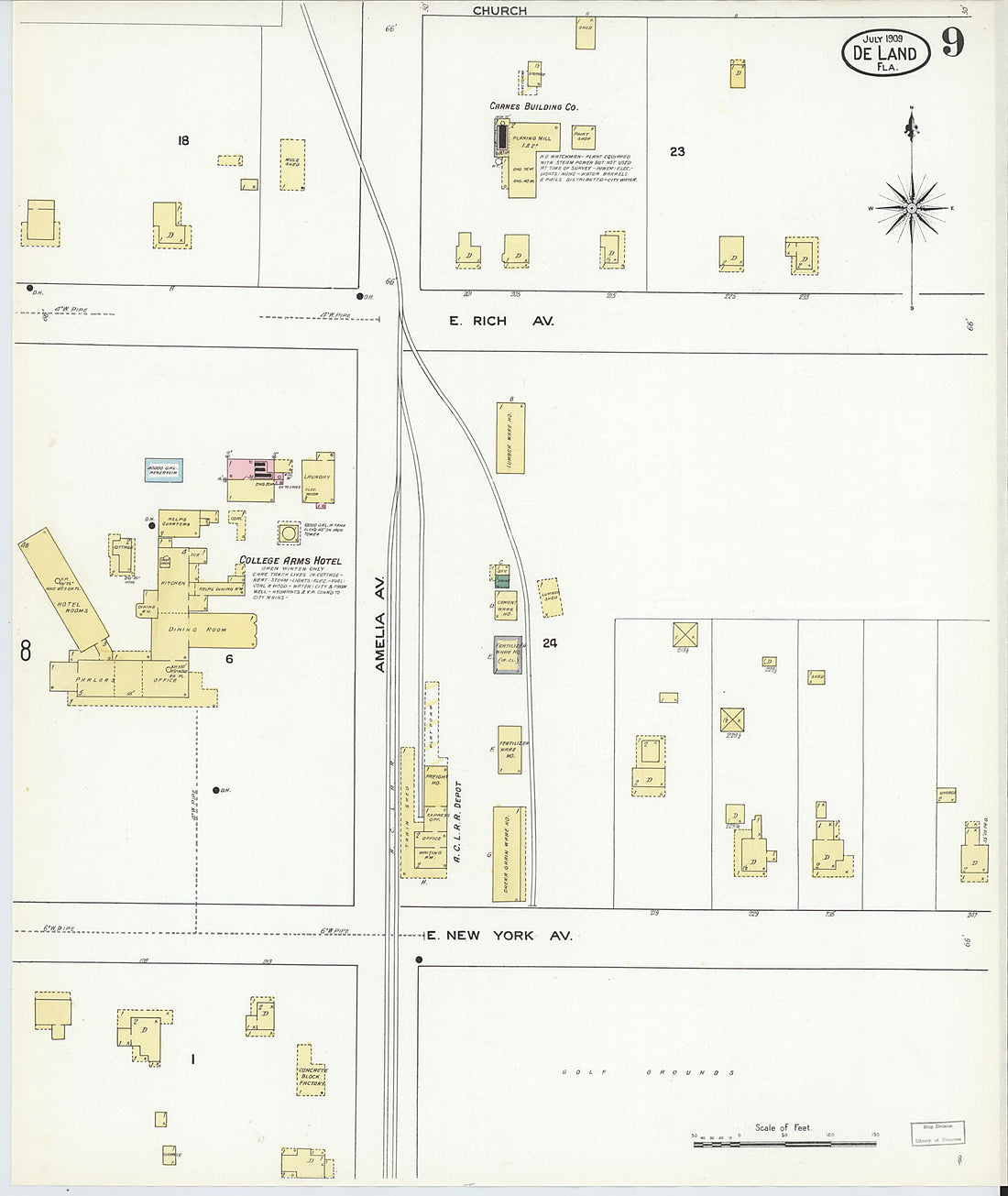This old map of De Land, Volusia County, Florida was created by Sanborn Map Company in 1909