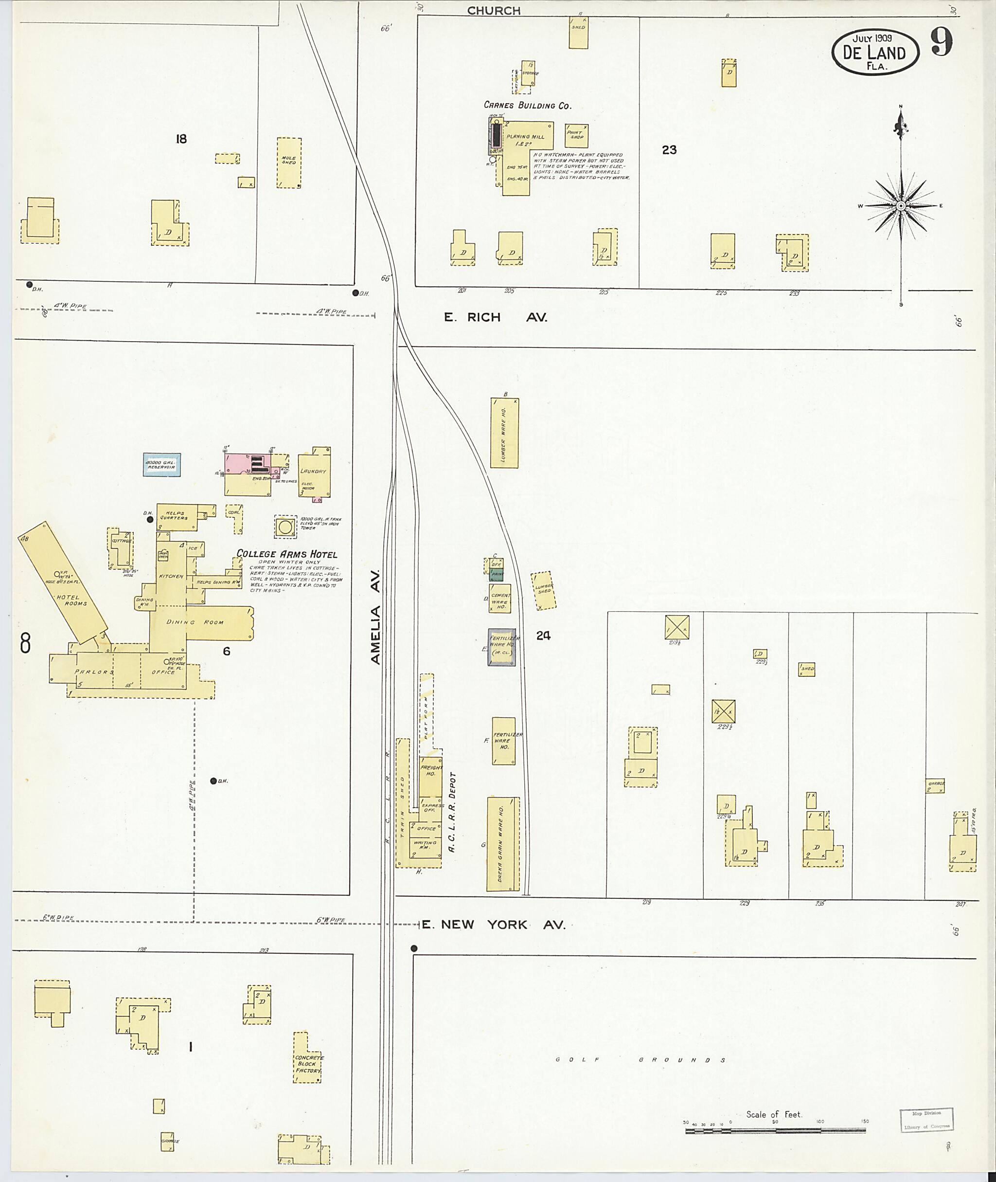 This old map of De Land, Volusia County, Florida was created by Sanborn Map Company in 1909