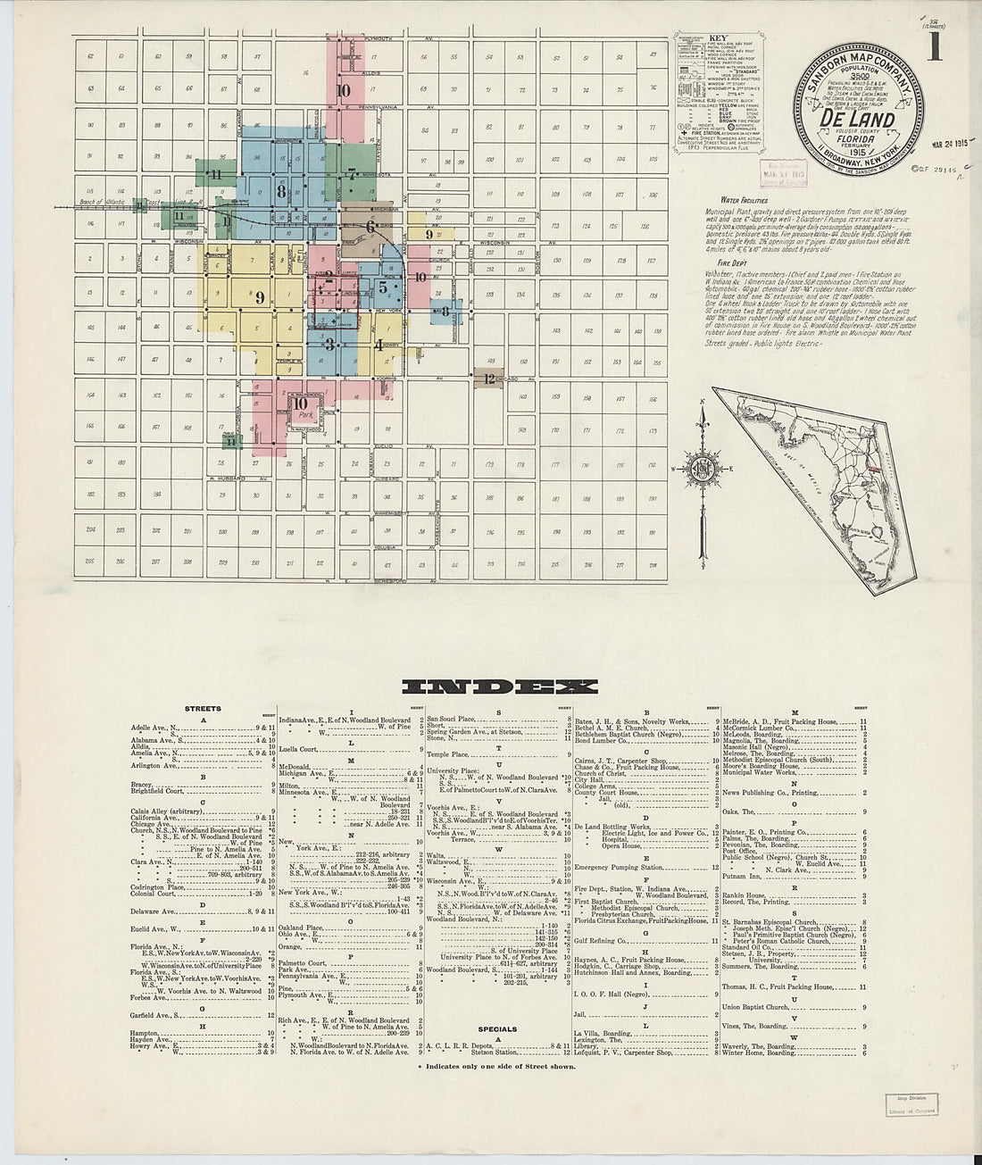 This old map of De Land, Volusia County, Florida was created by Sanborn Map Company in 1915