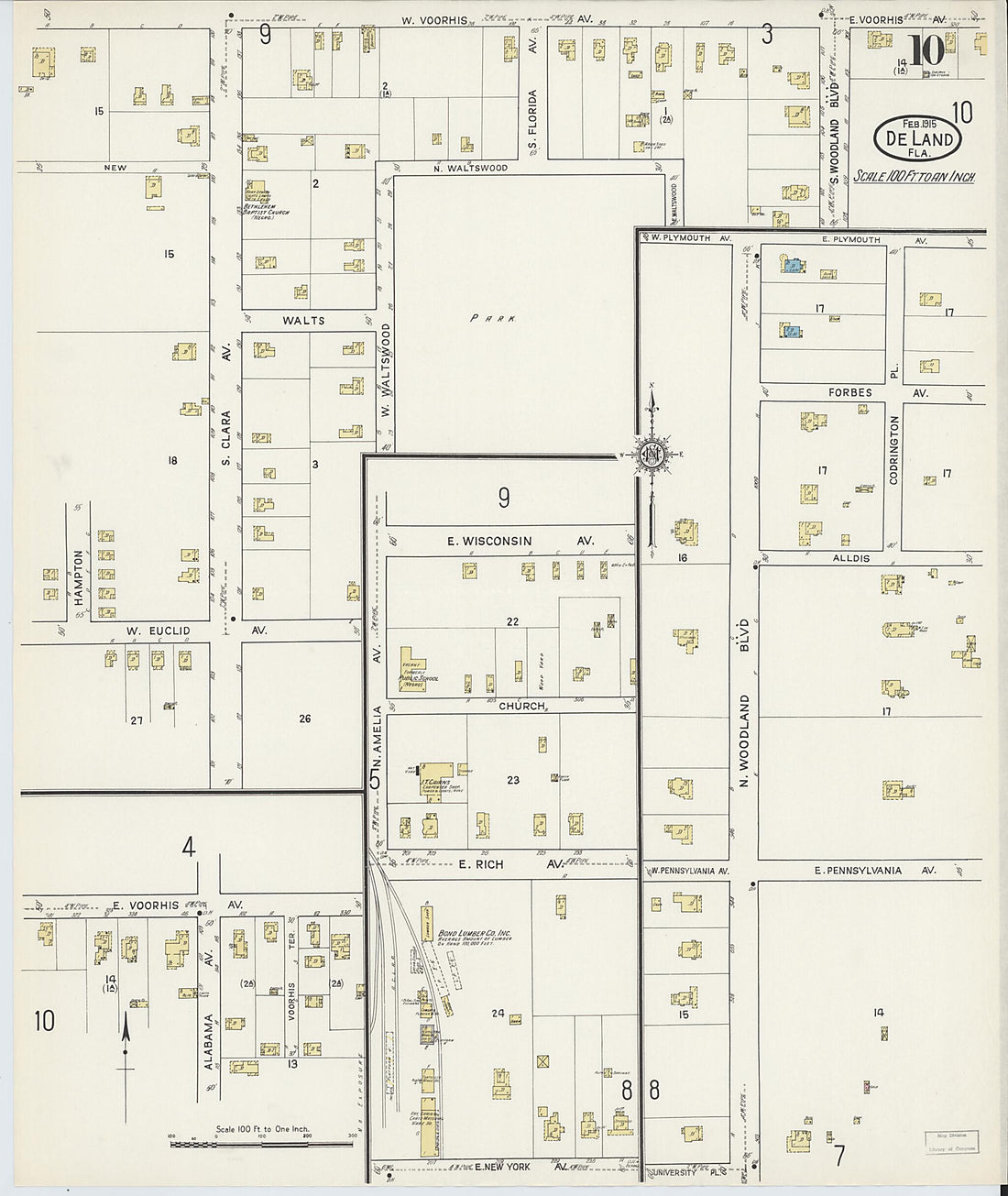 This old map of De Land, Volusia County, Florida was created by Sanborn Map Company in 1915