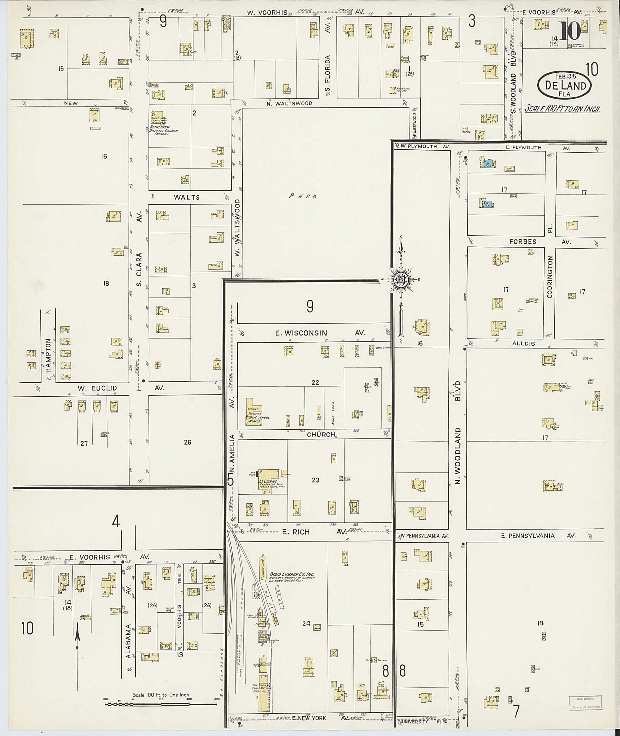 This old map of De Land, Volusia County, Florida was created by Sanborn Map Company in 1915