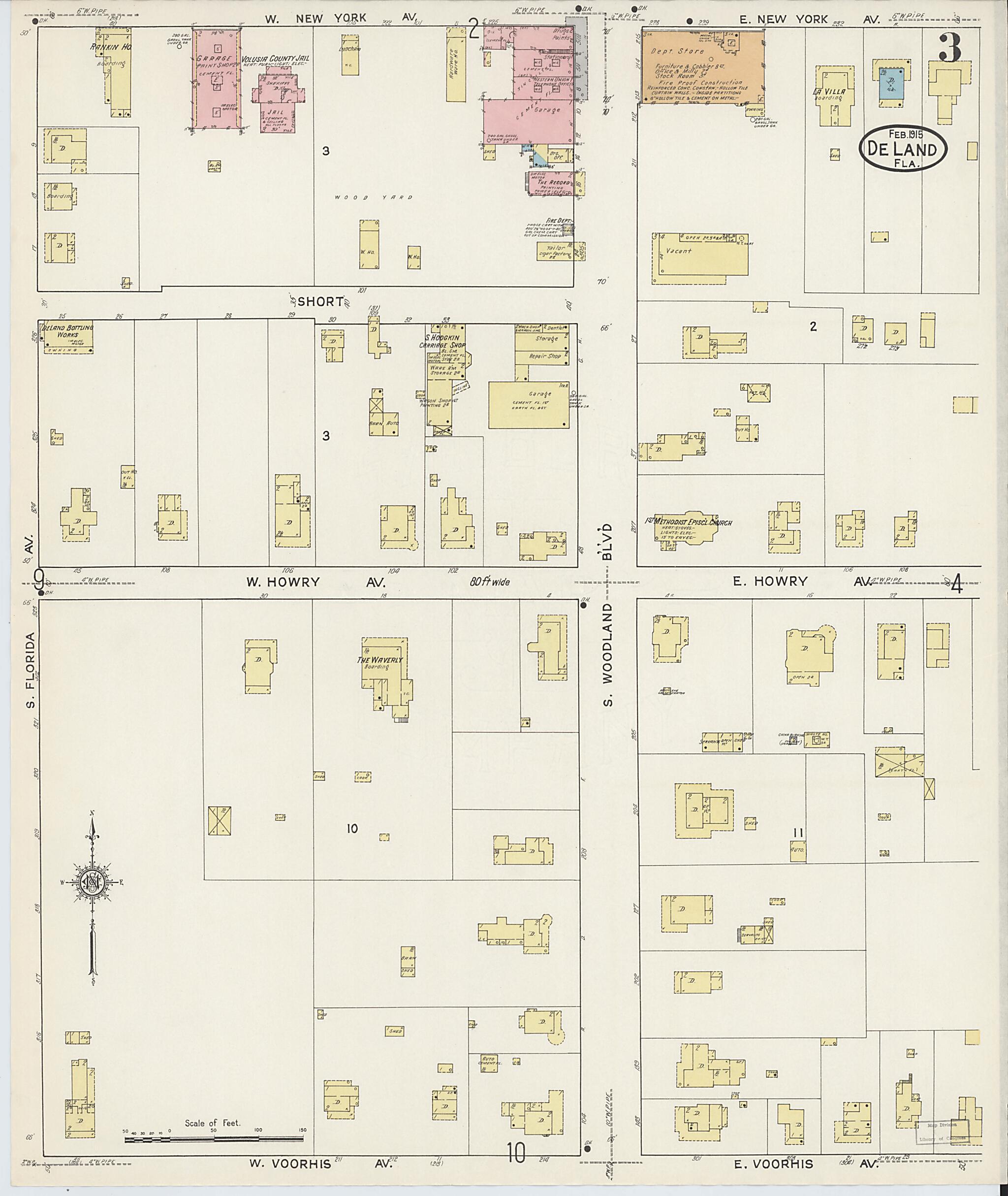 This old map of De Land, Volusia County, Florida was created by Sanborn Map Company in 1915