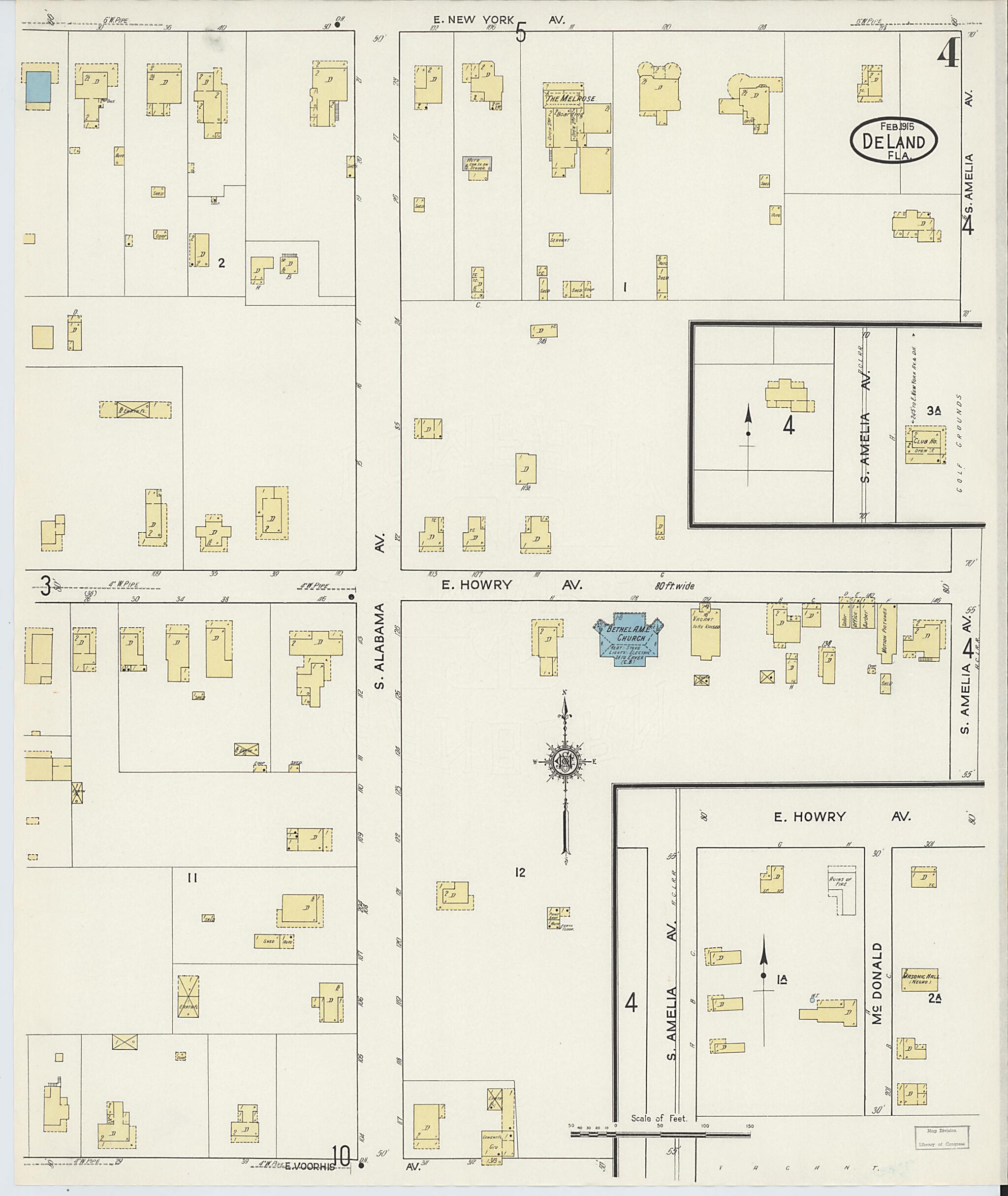 This old map of De Land, Volusia County, Florida was created by Sanborn Map Company in 1915