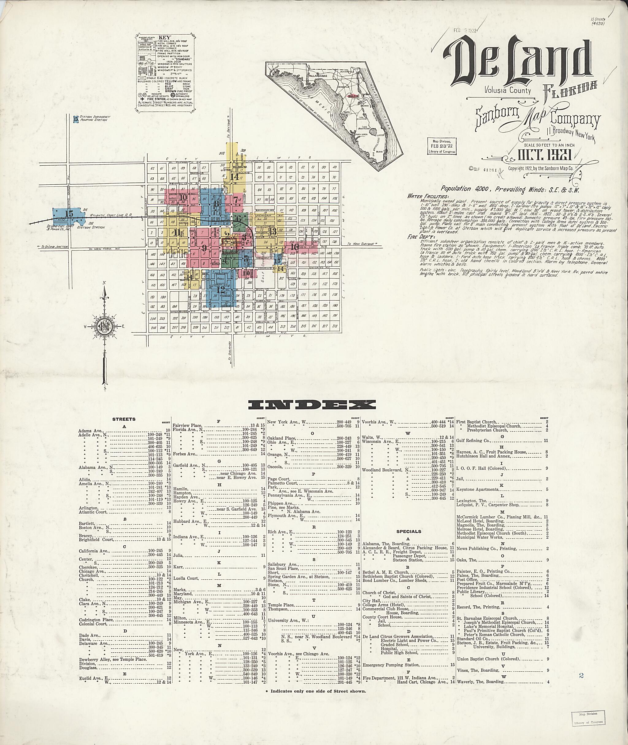 This old map of De Land, Volusia County, Florida was created by Sanborn Map Company in 1921