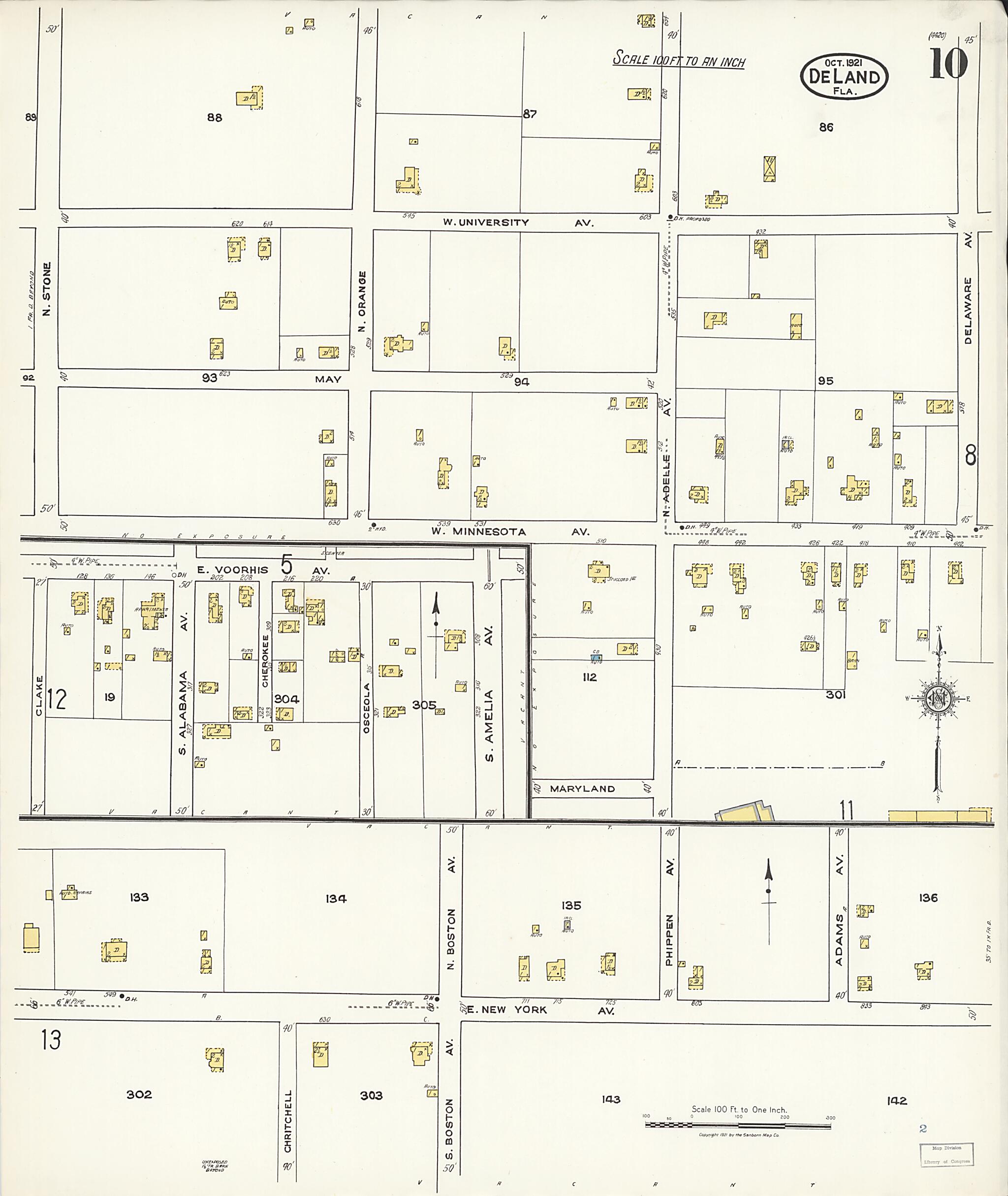 This old map of De Land, Volusia County, Florida was created by Sanborn Map Company in 1921