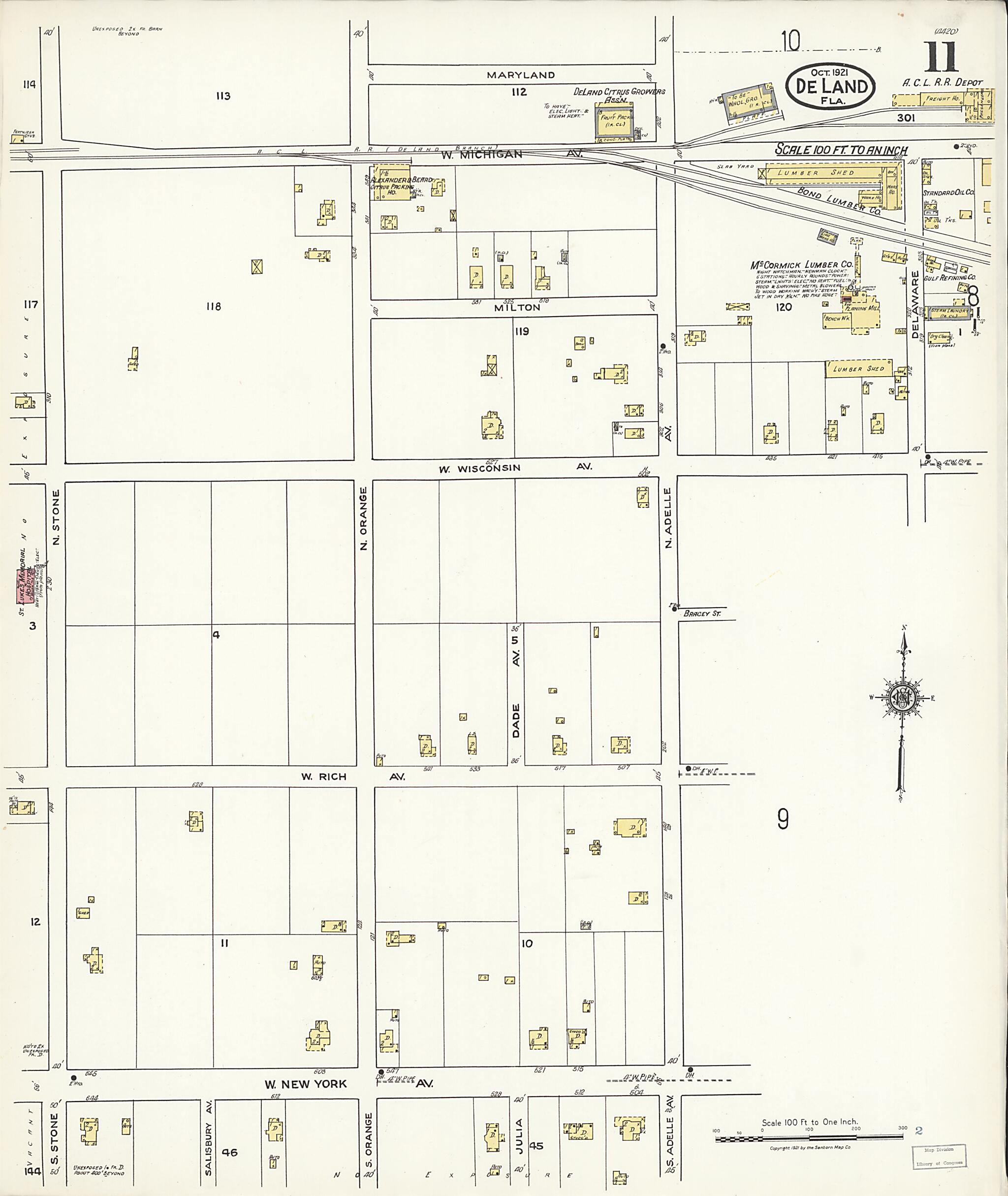 This old map of De Land, Volusia County, Florida was created by Sanborn Map Company in 1921