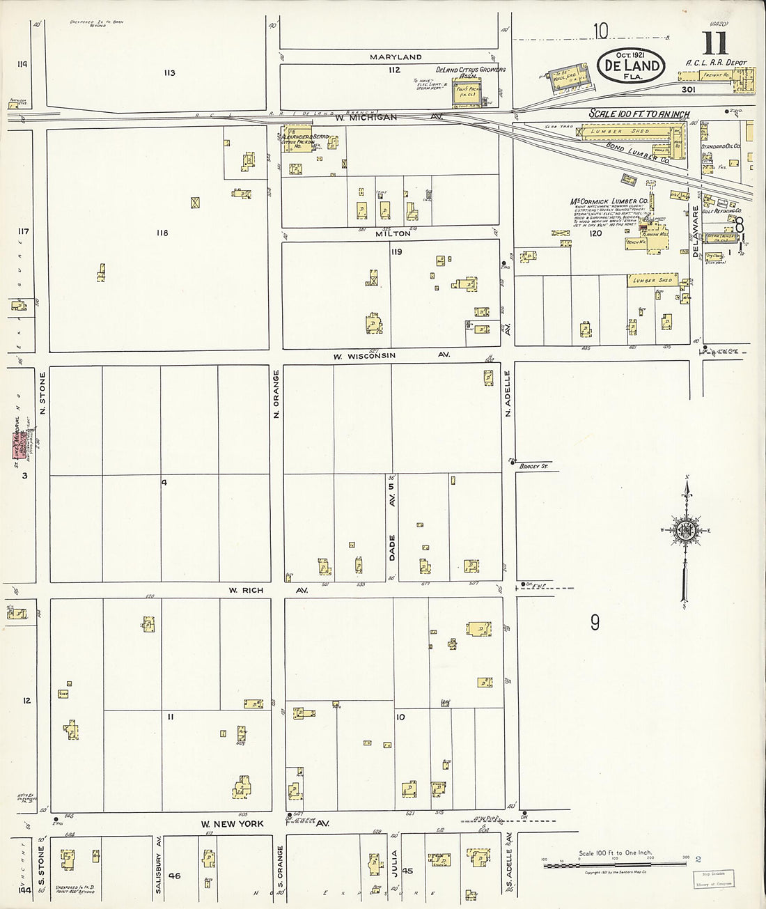 This old map of De Land, Volusia County, Florida was created by Sanborn Map Company in 1921