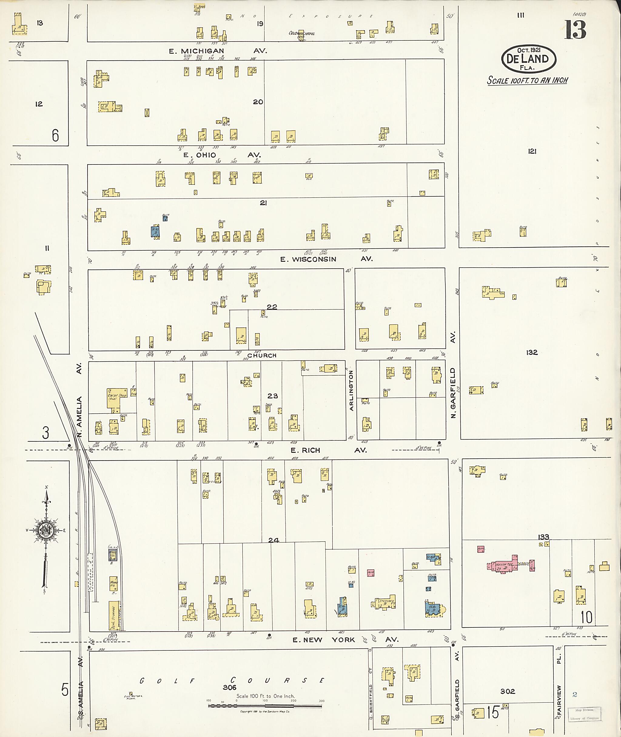 This old map of De Land, Volusia County, Florida was created by Sanborn Map Company in 1921