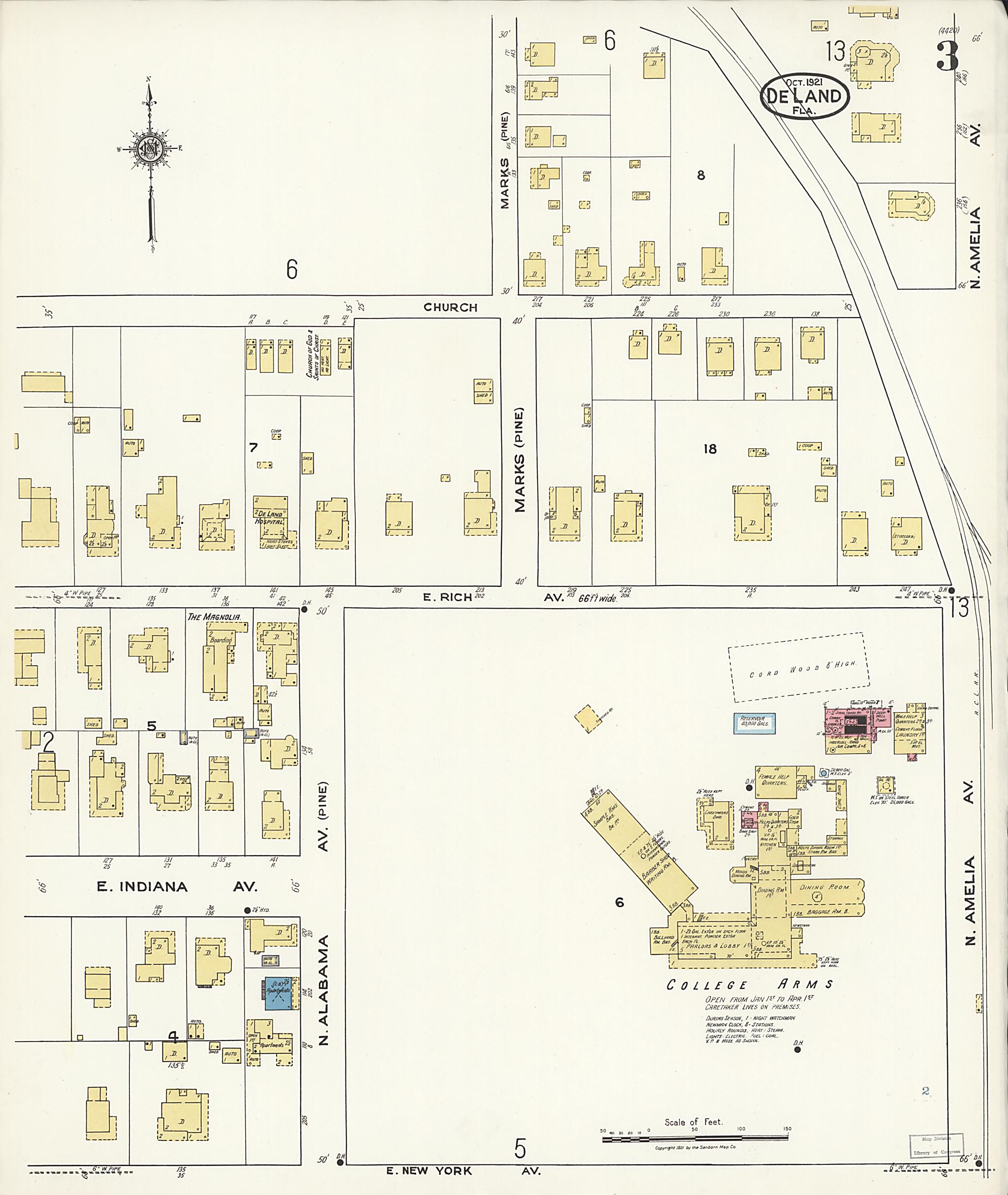 This old map of De Land, Volusia County, Florida was created by Sanborn Map Company in 1921