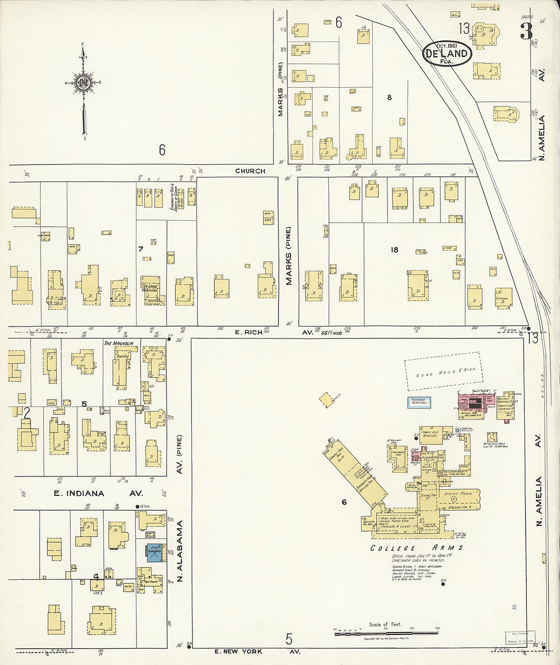 This old map of De Land, Volusia County, Florida was created by Sanborn Map Company in 1921