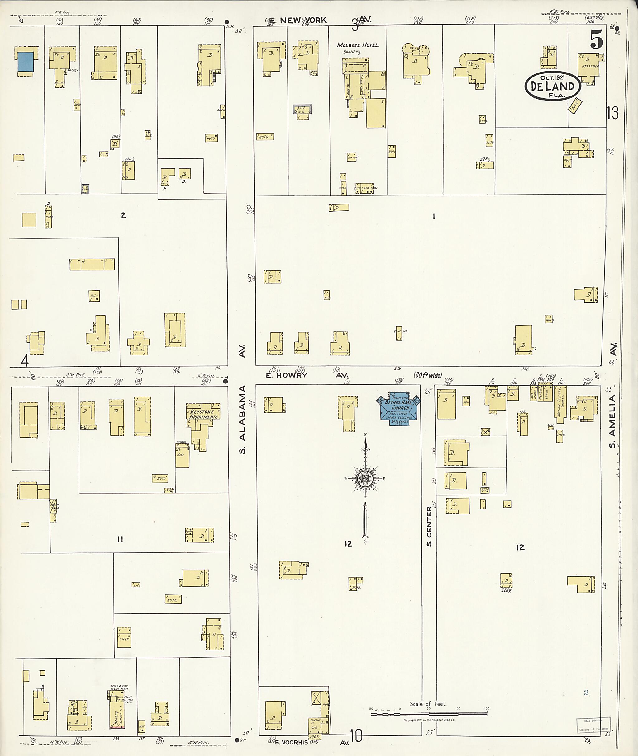 This old map of De Land, Volusia County, Florida was created by Sanborn Map Company in 1921