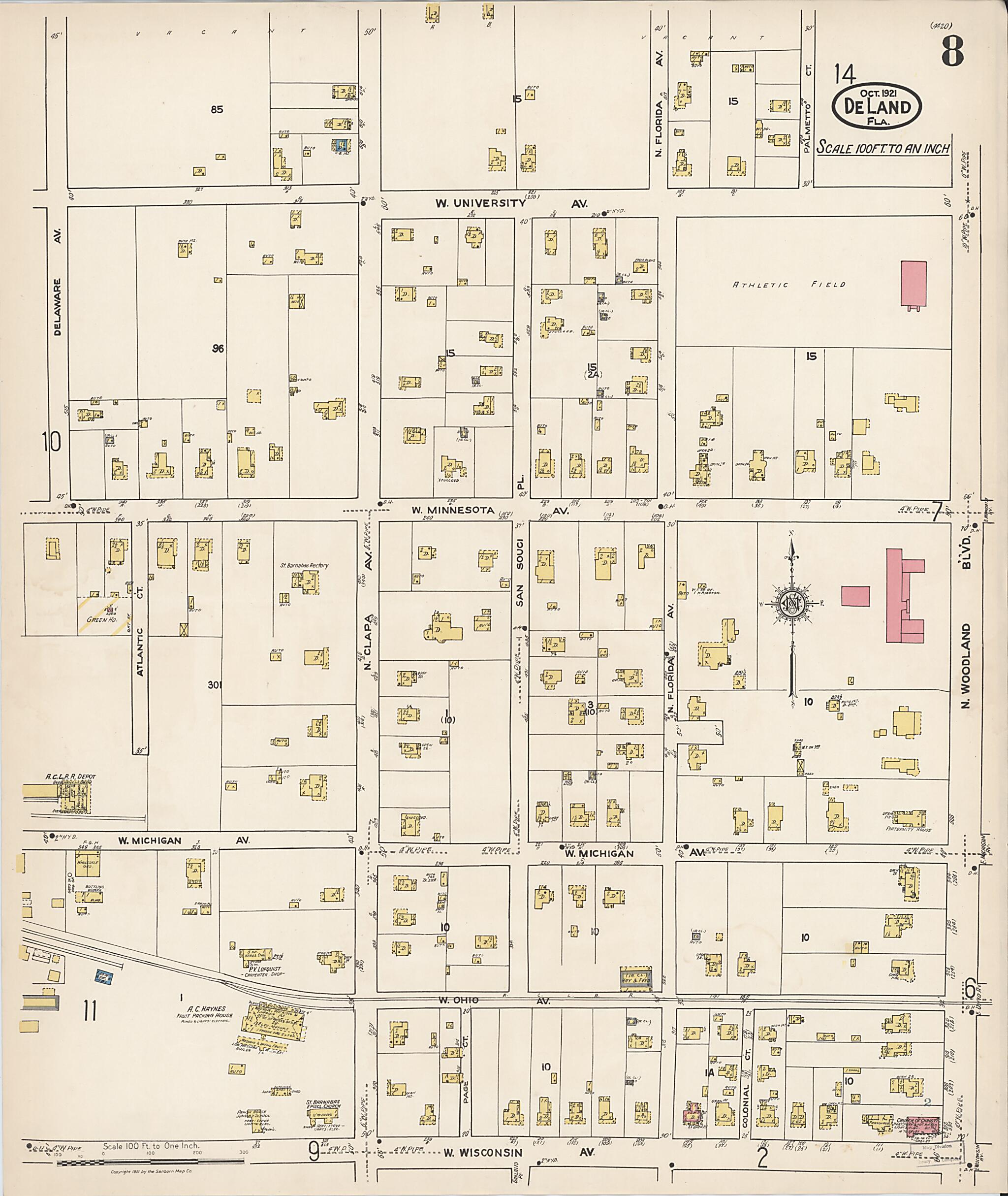 This old map of De Land, Volusia County, Florida was created by Sanborn Map Company in 1921