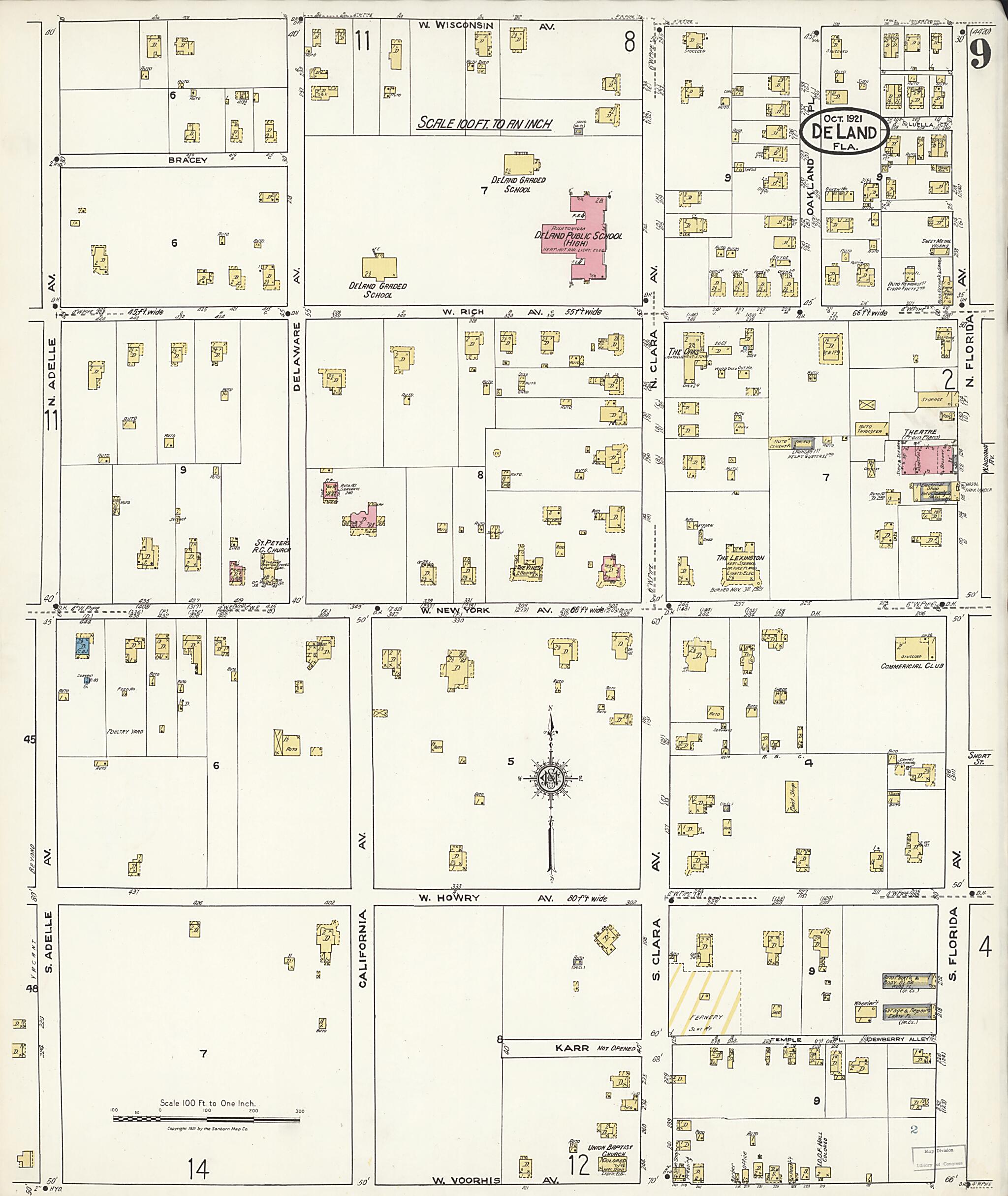 This old map of De Land, Volusia County, Florida was created by Sanborn Map Company in 1921