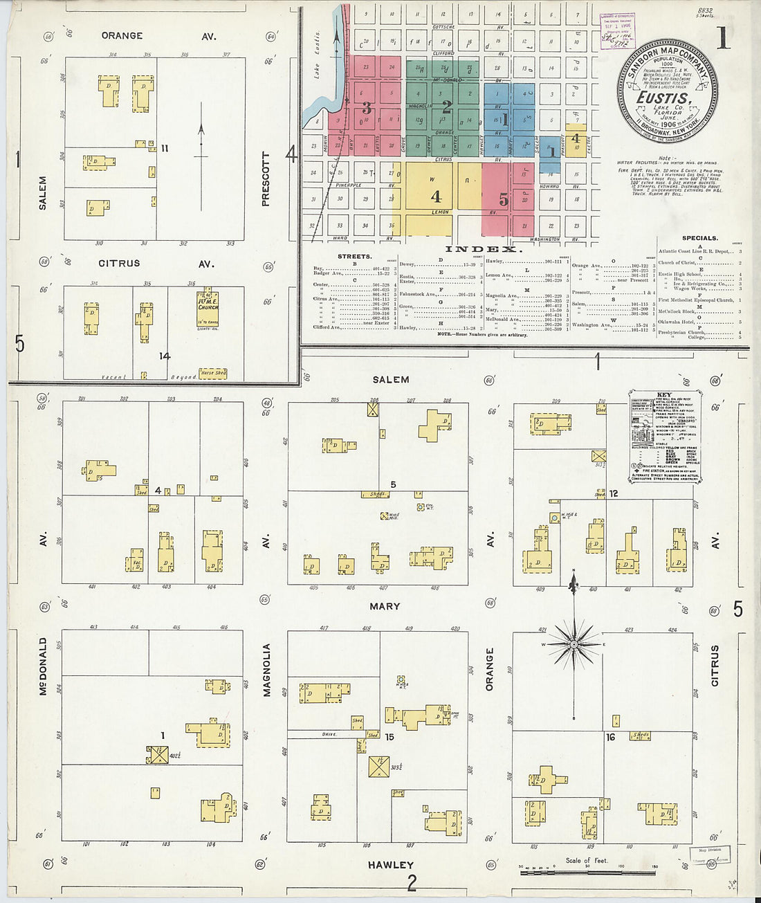 This old map of Eustis, Lake County, Florida was created by Sanborn Map Company in 1906
