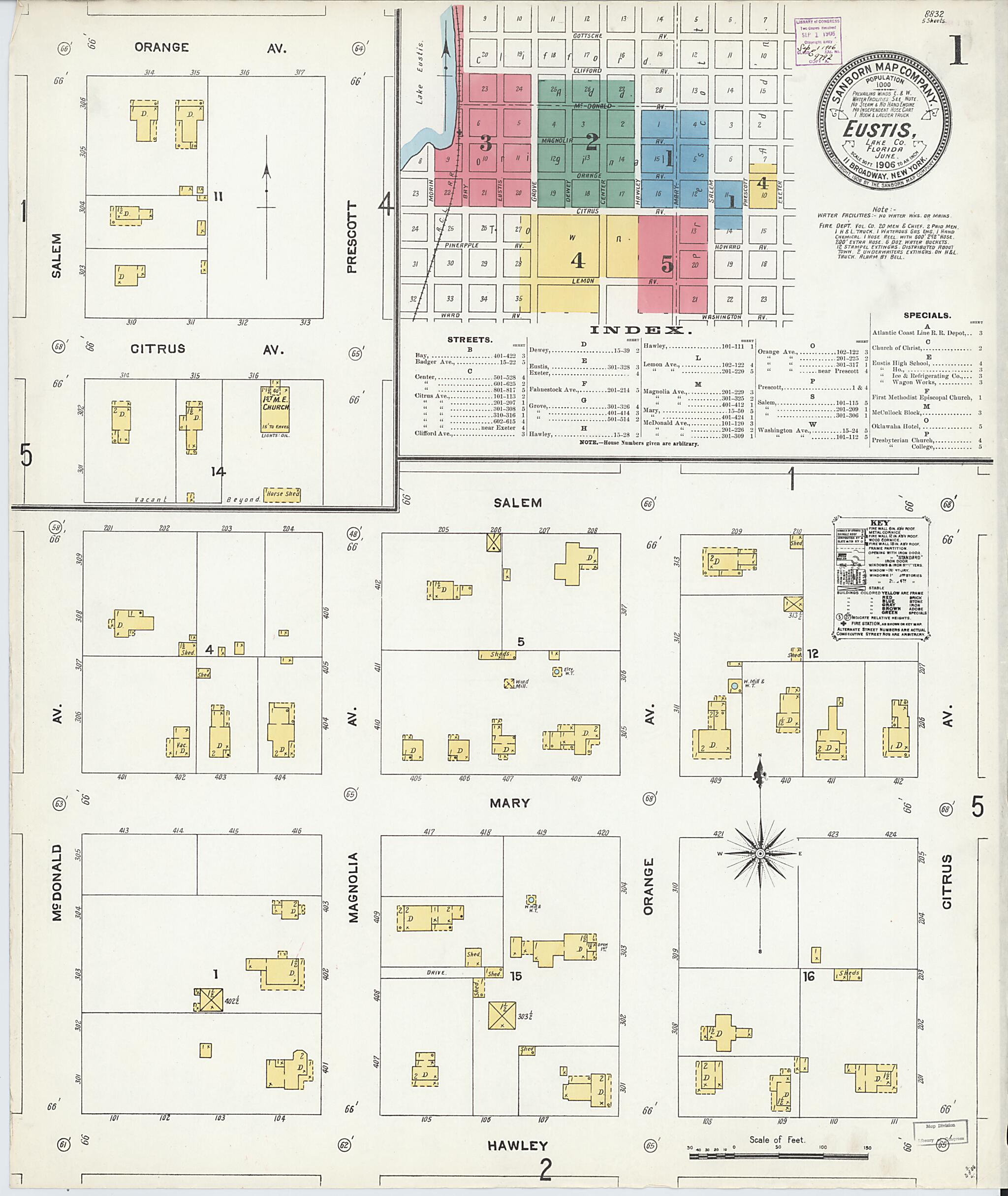 This old map of Eustis, Lake County, Florida was created by Sanborn Map Company in 1906