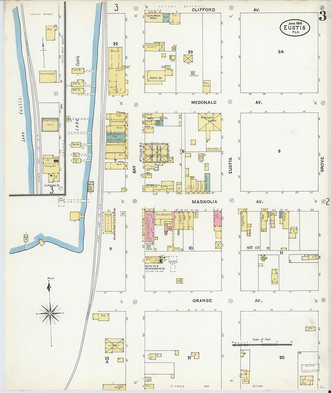 This old map of Eustis, Lake County, Florida was created by Sanborn Map Company in 1906
