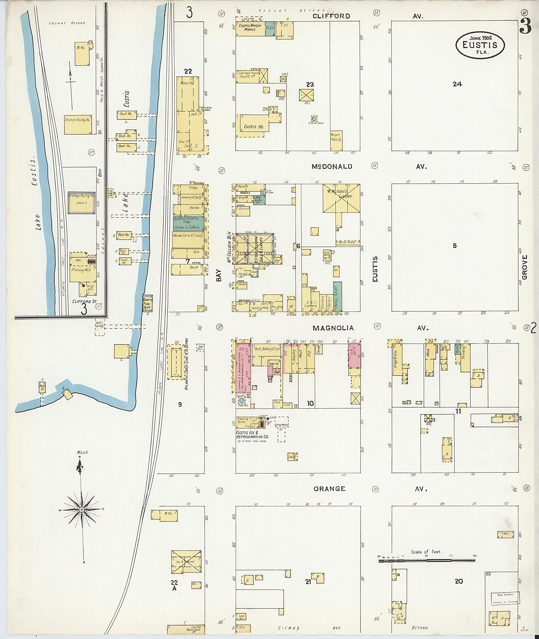 This old map of Eustis, Lake County, Florida was created by Sanborn Map Company in 1906