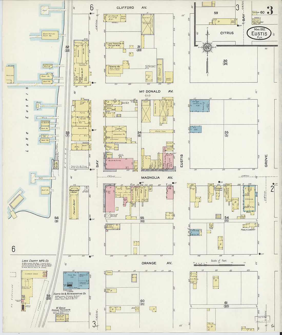 This old map of Eustis, Lake County, Florida was created by Sanborn Map Company in 1912