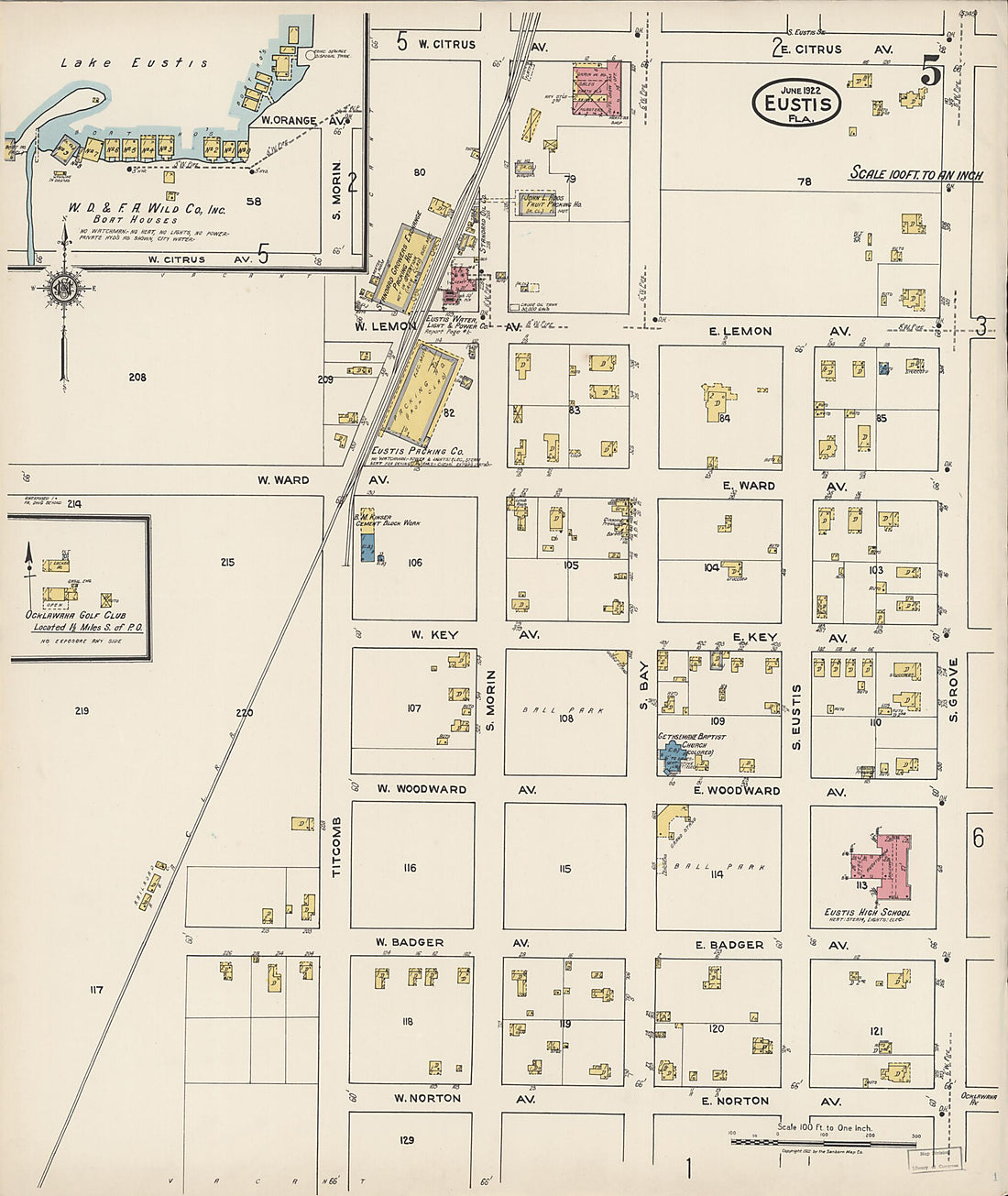 This old map of Eustis, Lake County, Florida was created by Sanborn Map Company in 1922