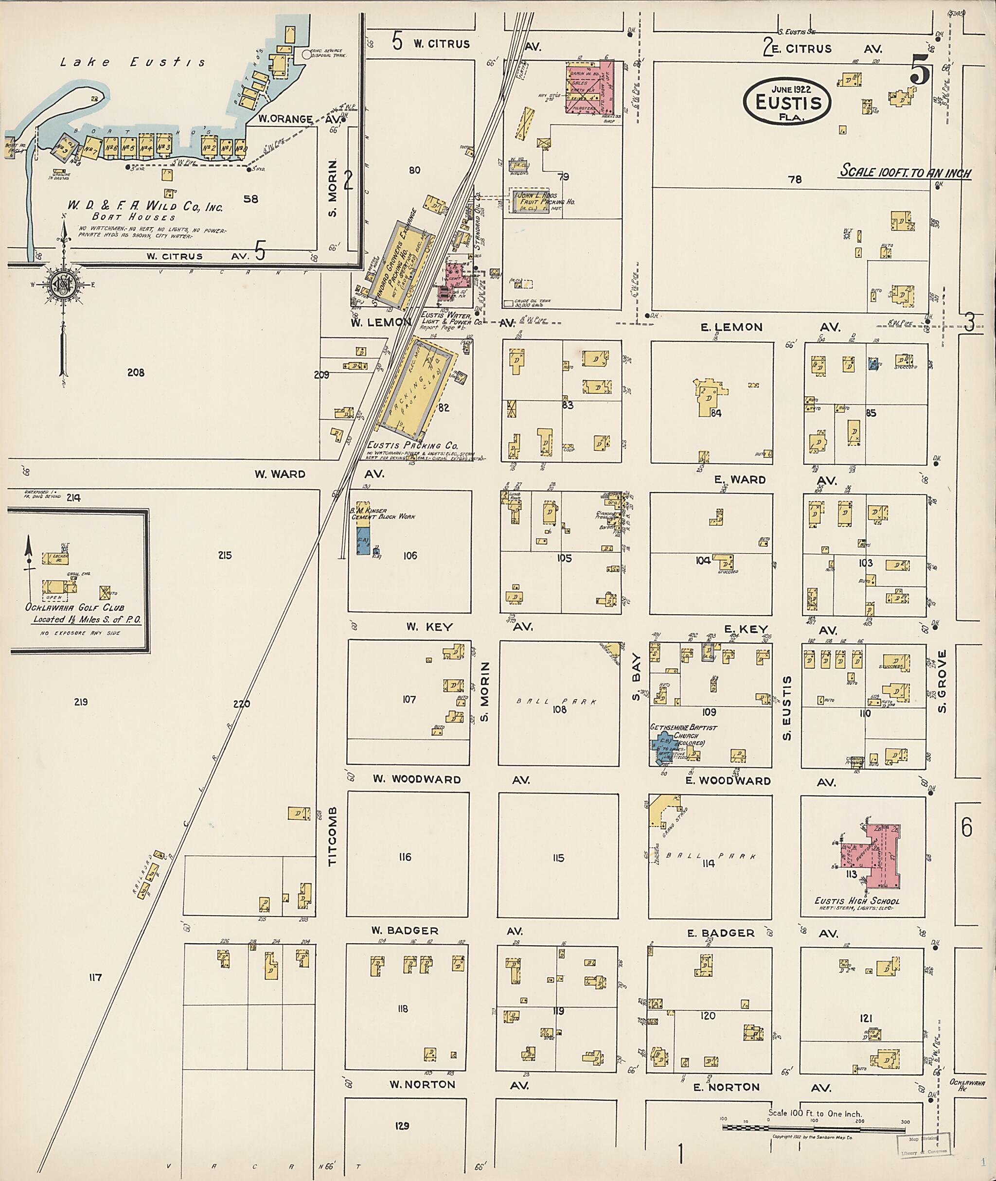 This old map of Eustis, Lake County, Florida was created by Sanborn Map Company in 1922