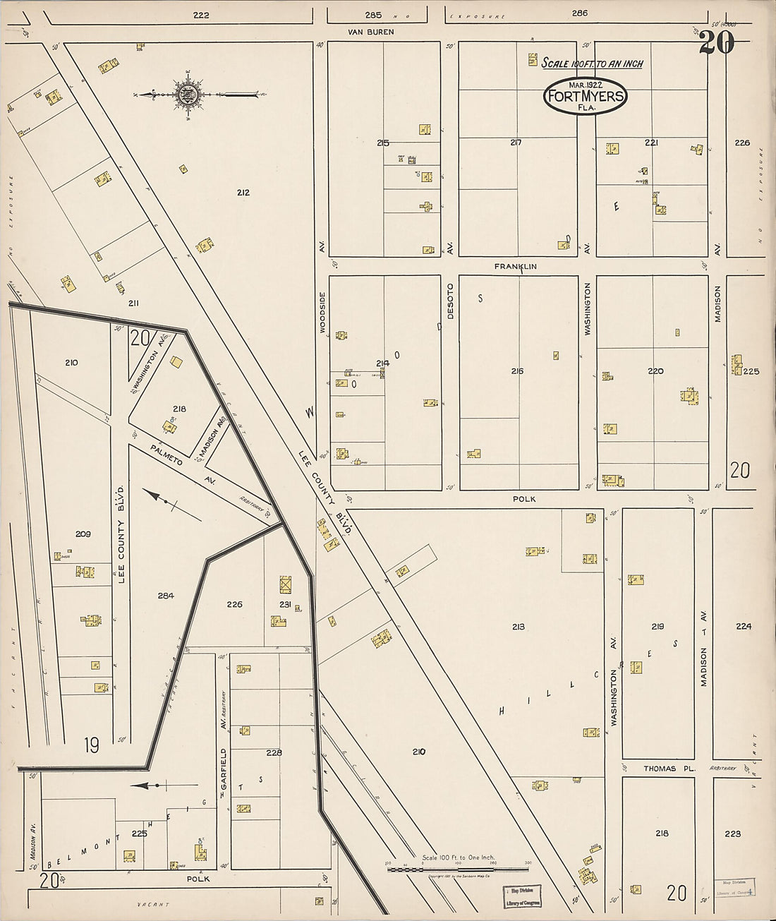 This old map of Fort Myers, Lee County, Florida was created by Sanborn Map Company in 1922