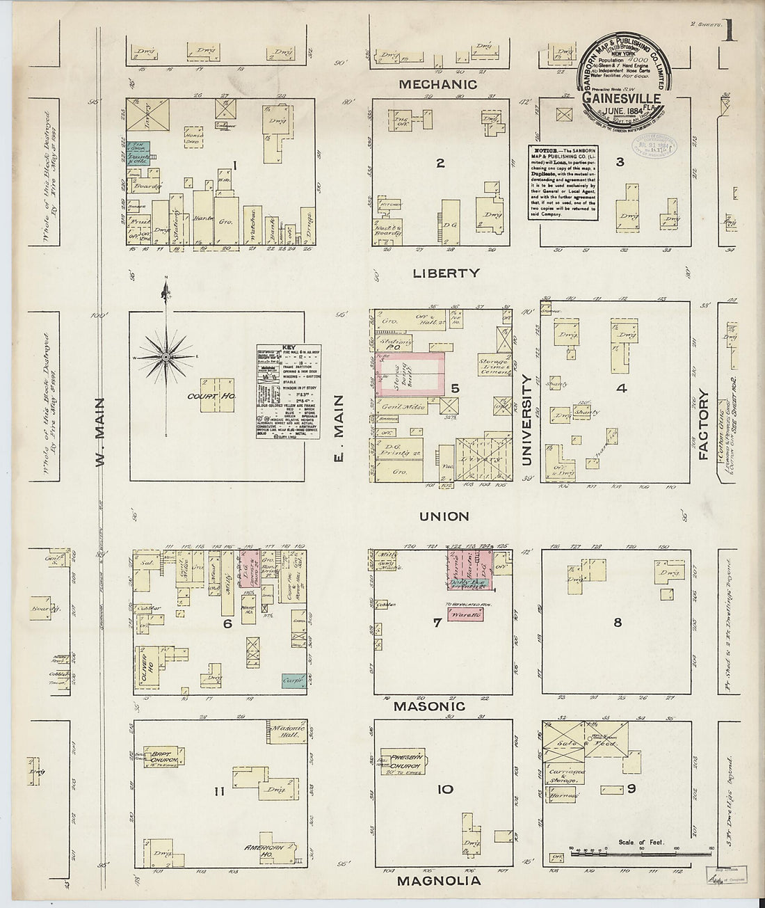 This old map of Gainesville, Alachua County, Florida was created by Sanborn Map Company in 1884
