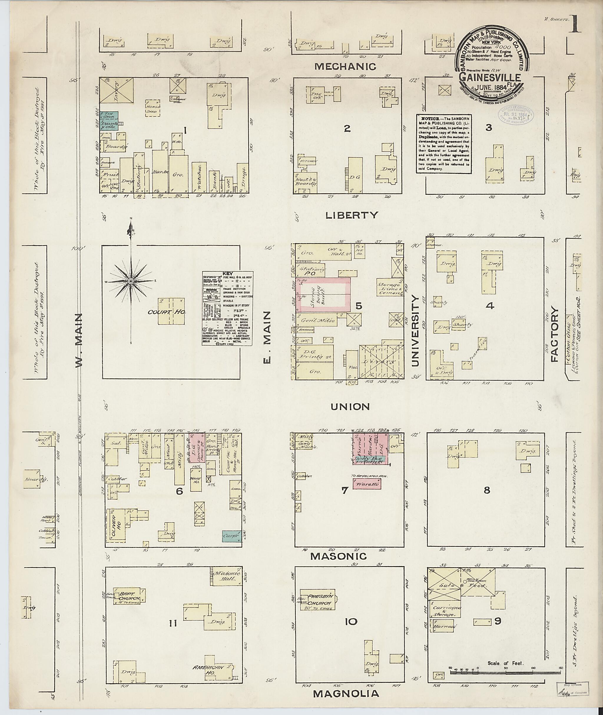 This old map of Gainesville, Alachua County, Florida was created by Sanborn Map Company in 1884
