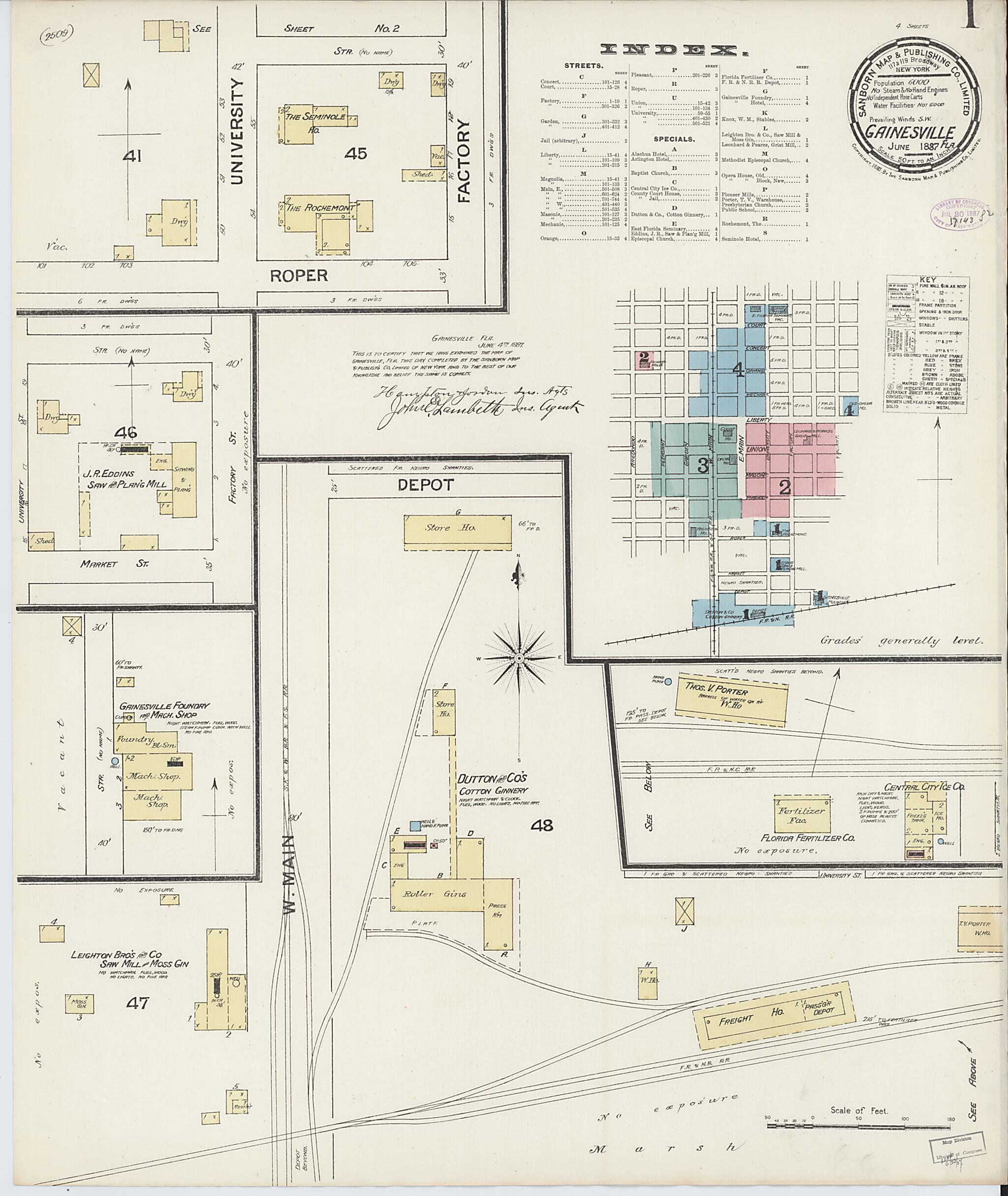 This old map of Gainesville, Alachua County, Florida was created by Sanborn Map Company in 1887