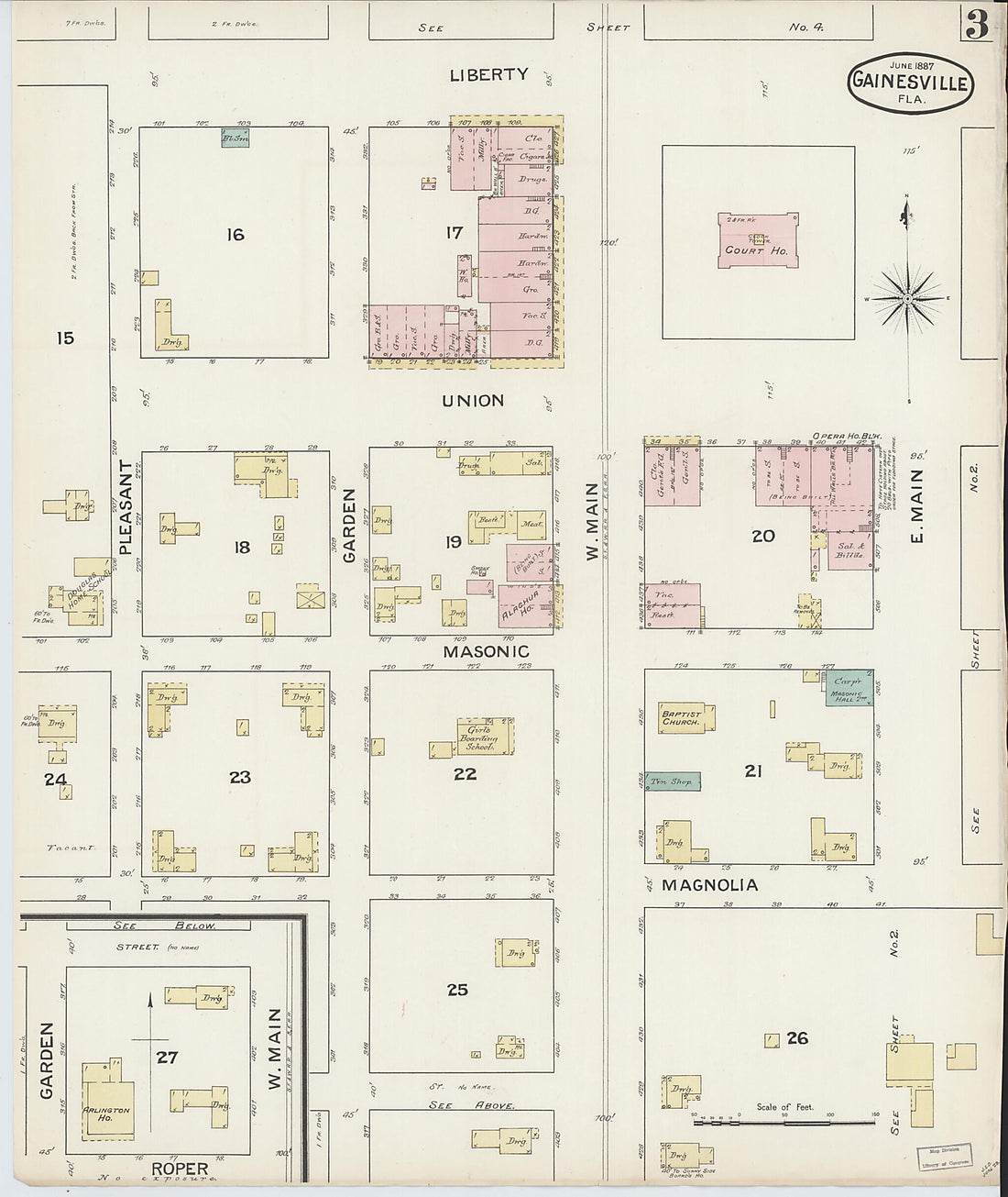 This old map of Gainesville, Alachua County, Florida was created by Sanborn Map Company in 1887