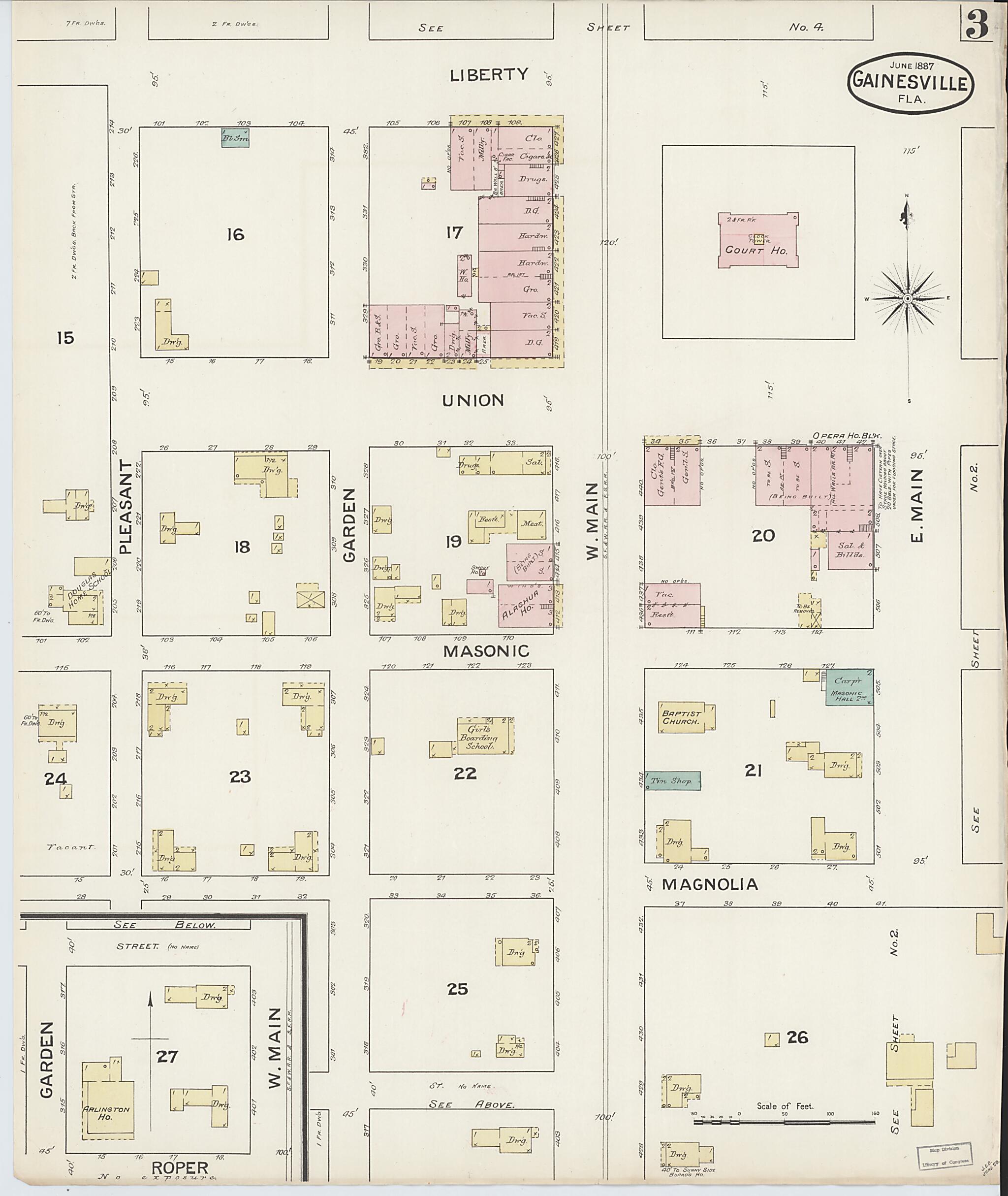 This old map of Gainesville, Alachua County, Florida was created by Sanborn Map Company in 1887