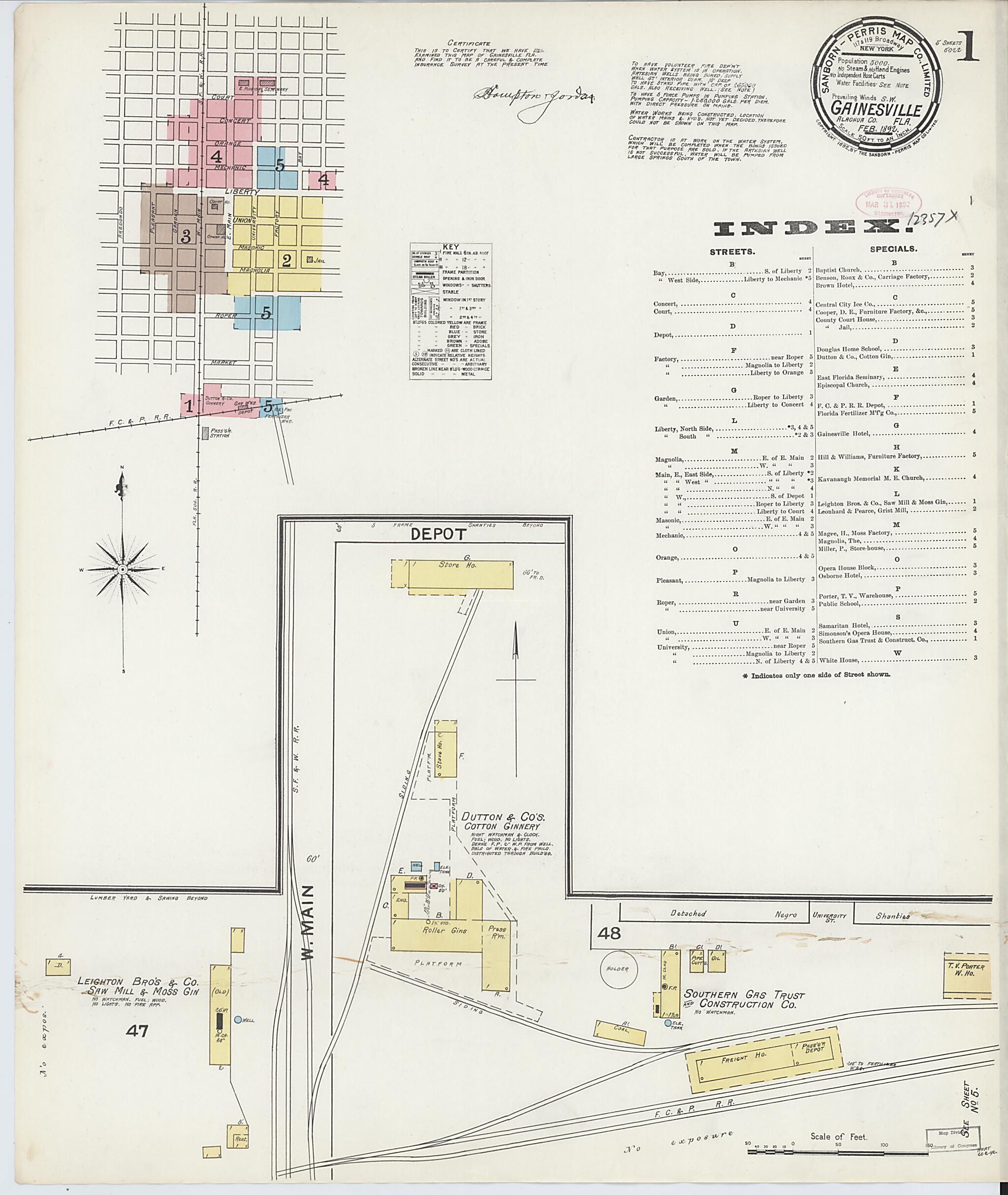 This old map of Gainesville, Alachua County, Florida was created by Sanborn Map Company in 1892