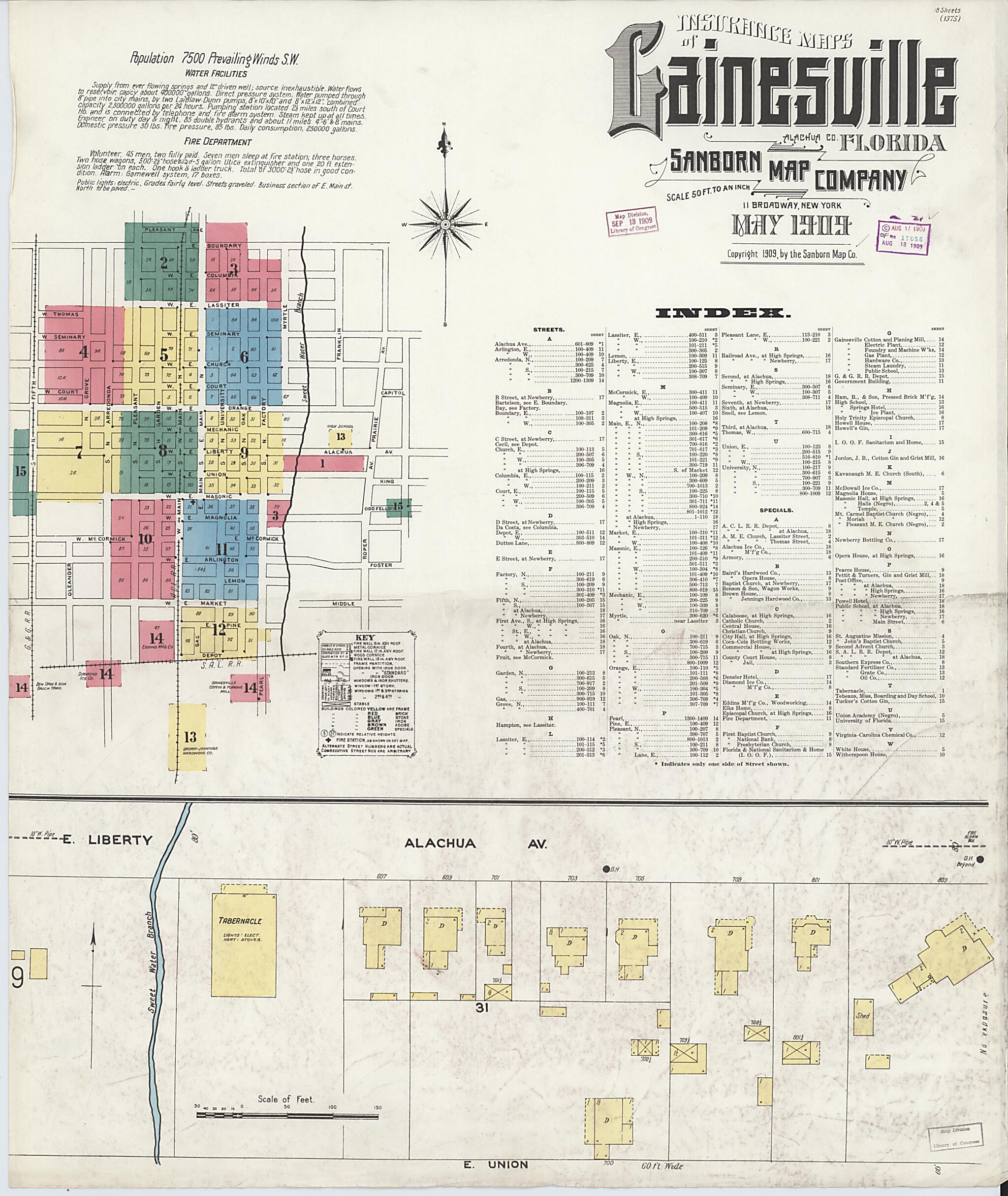 This old map of Gainesville, Alachua County, Florida was created by Sanborn Map Company in 1909