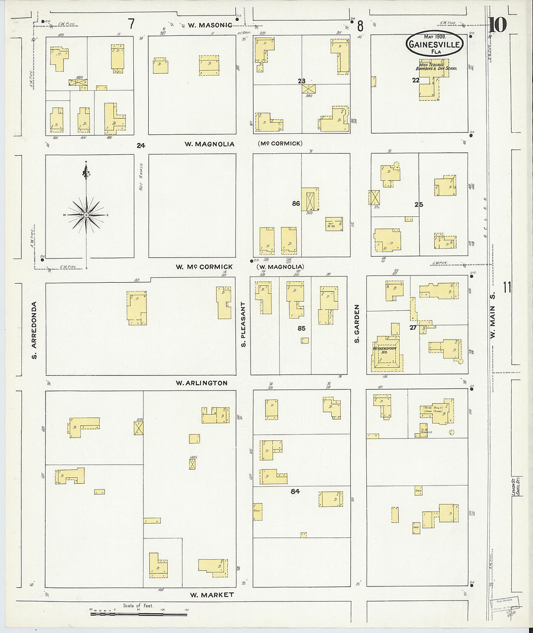 This old map of Gainesville, Alachua County, Florida was created by Sanborn Map Company in 1909