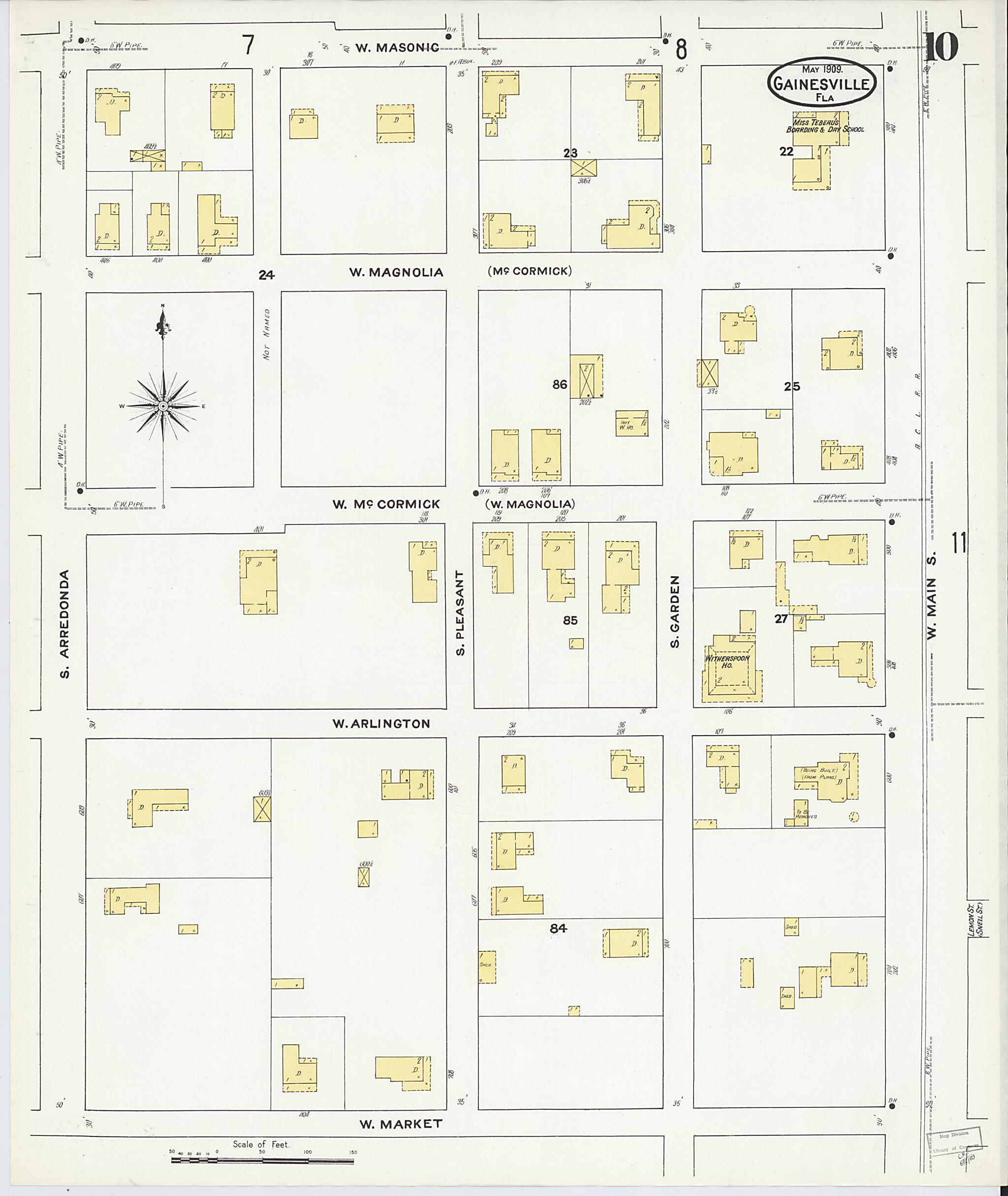 This old map of Gainesville, Alachua County, Florida was created by Sanborn Map Company in 1909