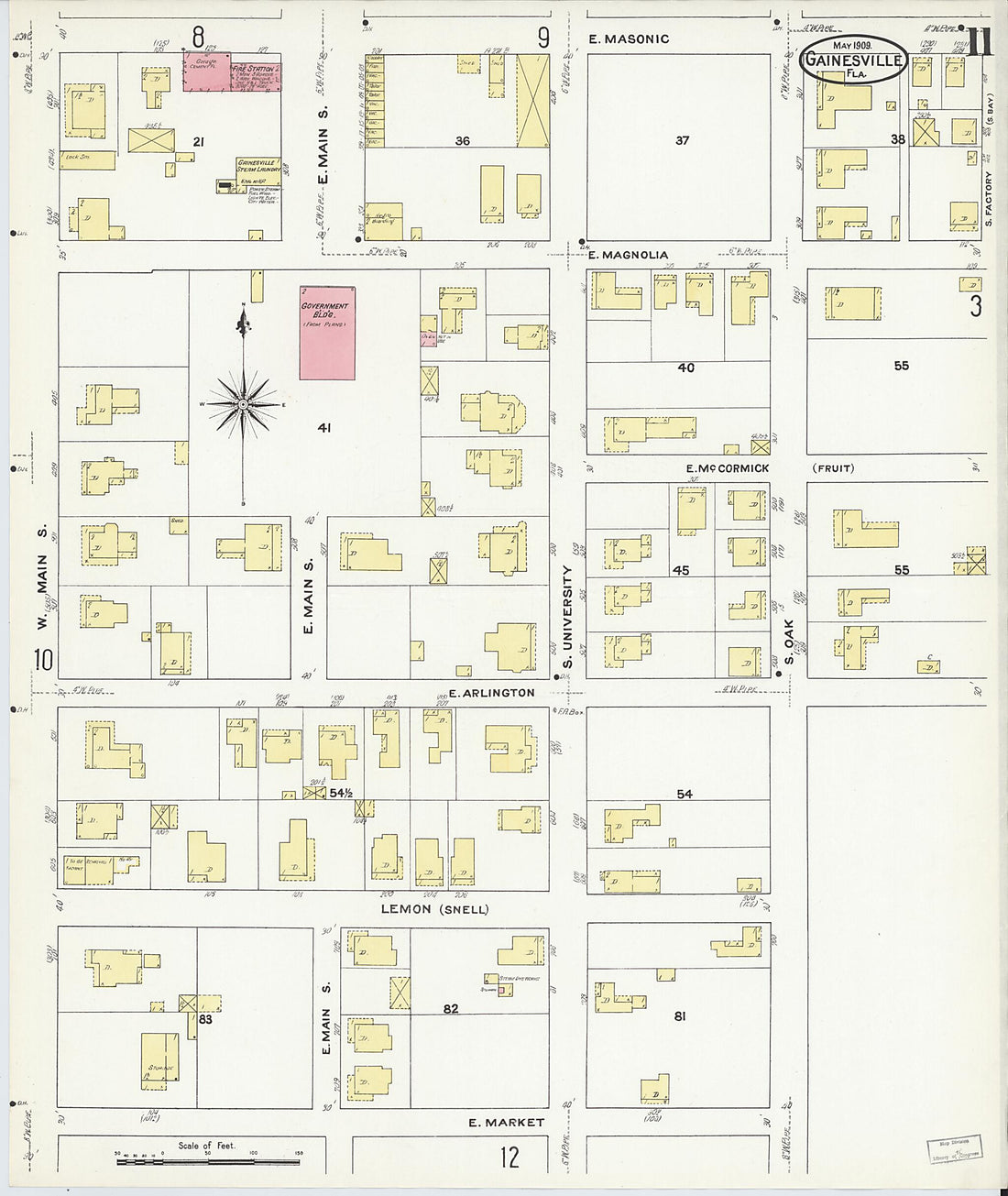 This old map of Gainesville, Alachua County, Florida was created by Sanborn Map Company in 1909