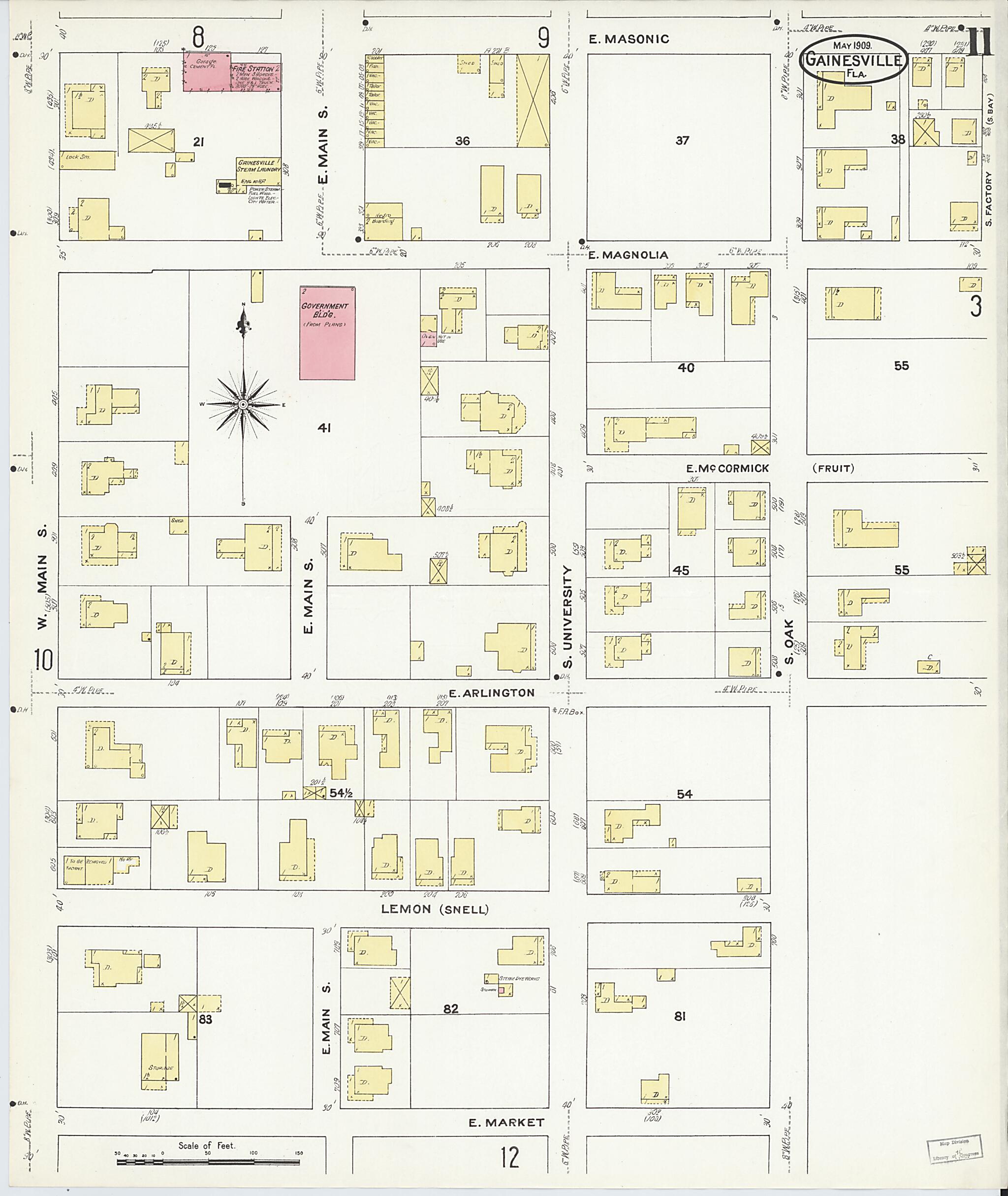 This old map of Gainesville, Alachua County, Florida was created by Sanborn Map Company in 1909