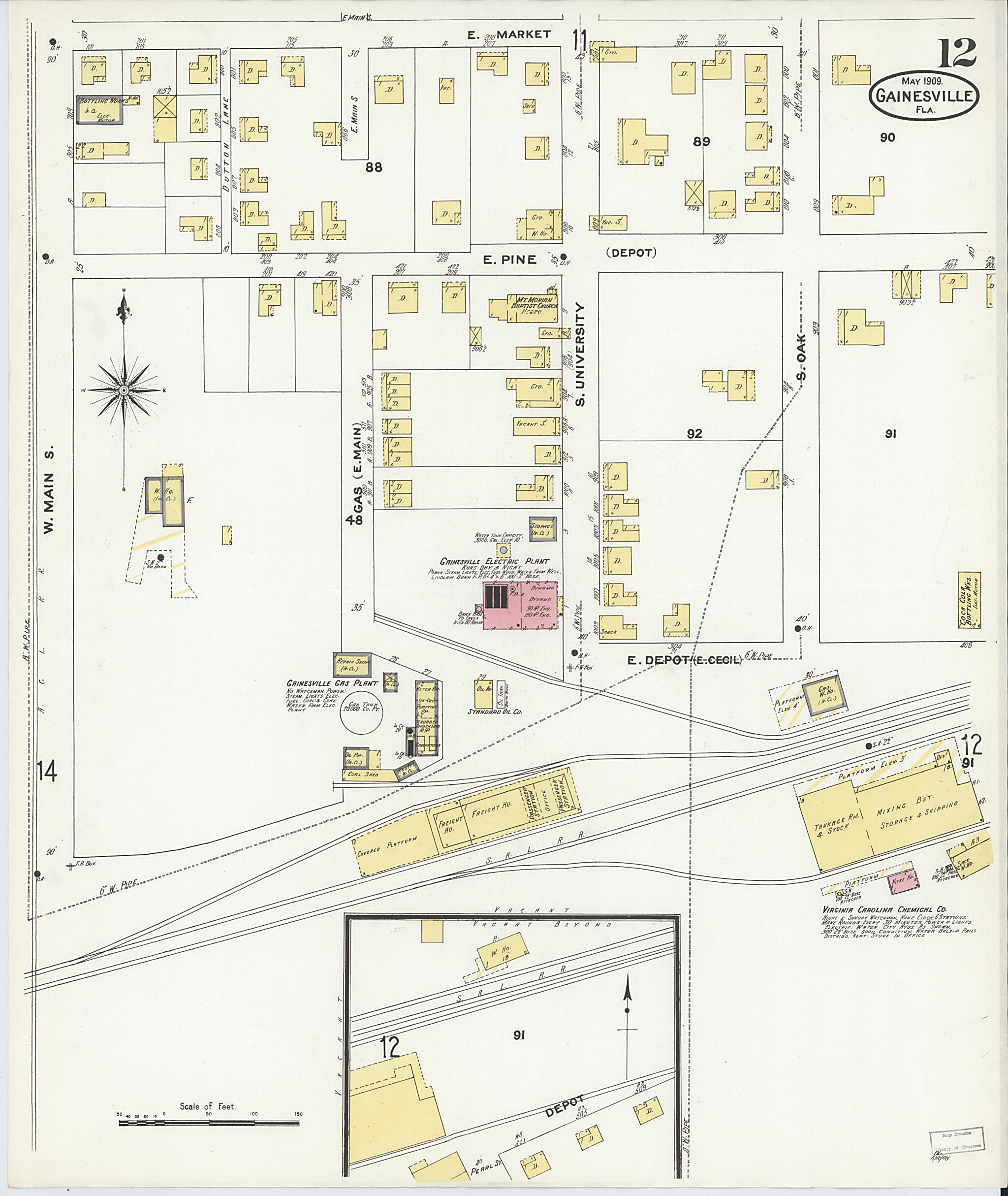 This old map of Gainesville, Alachua County, Florida was created by Sanborn Map Company in 1909