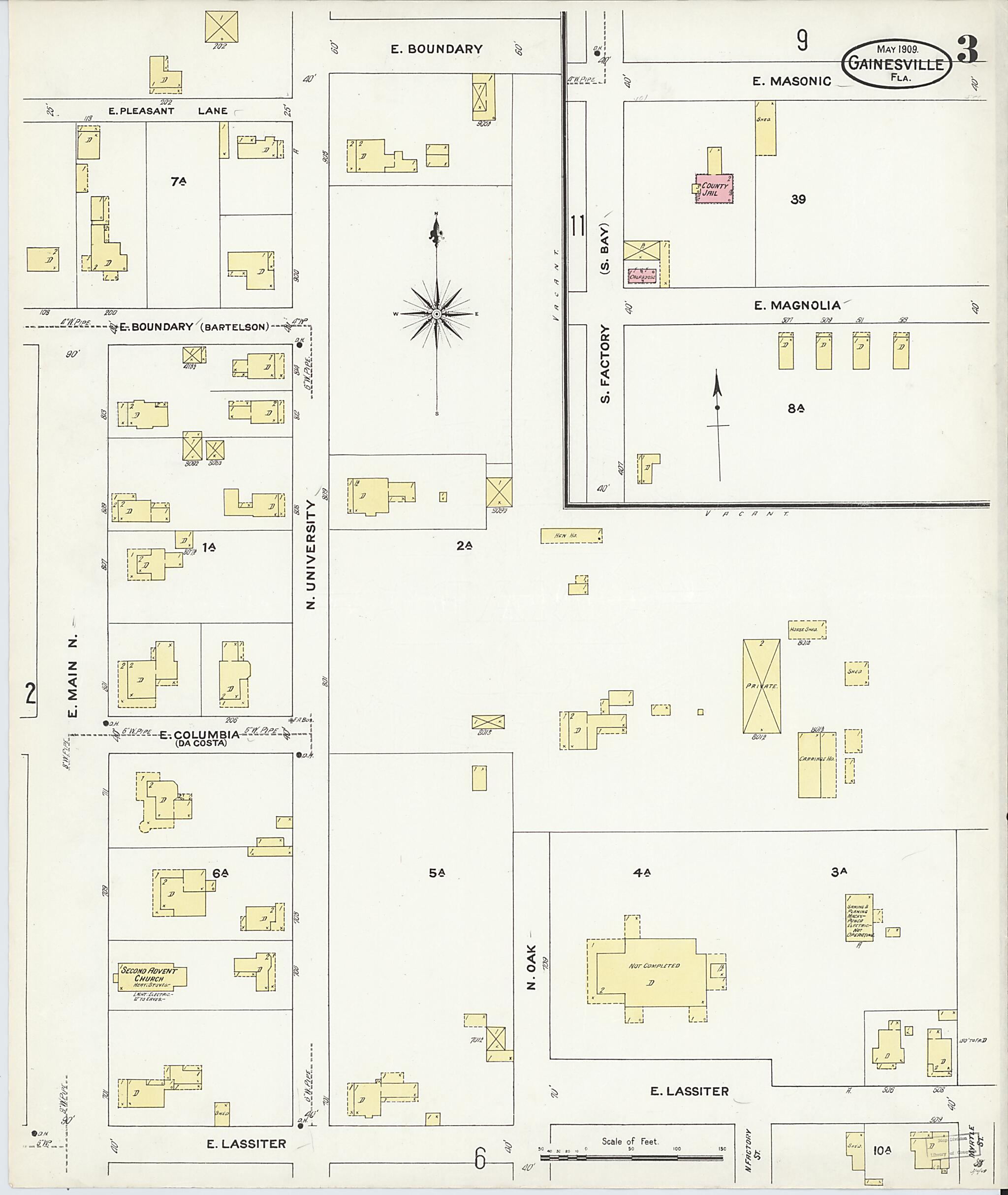 This old map of Gainesville, Alachua County, Florida was created by Sanborn Map Company in 1909
