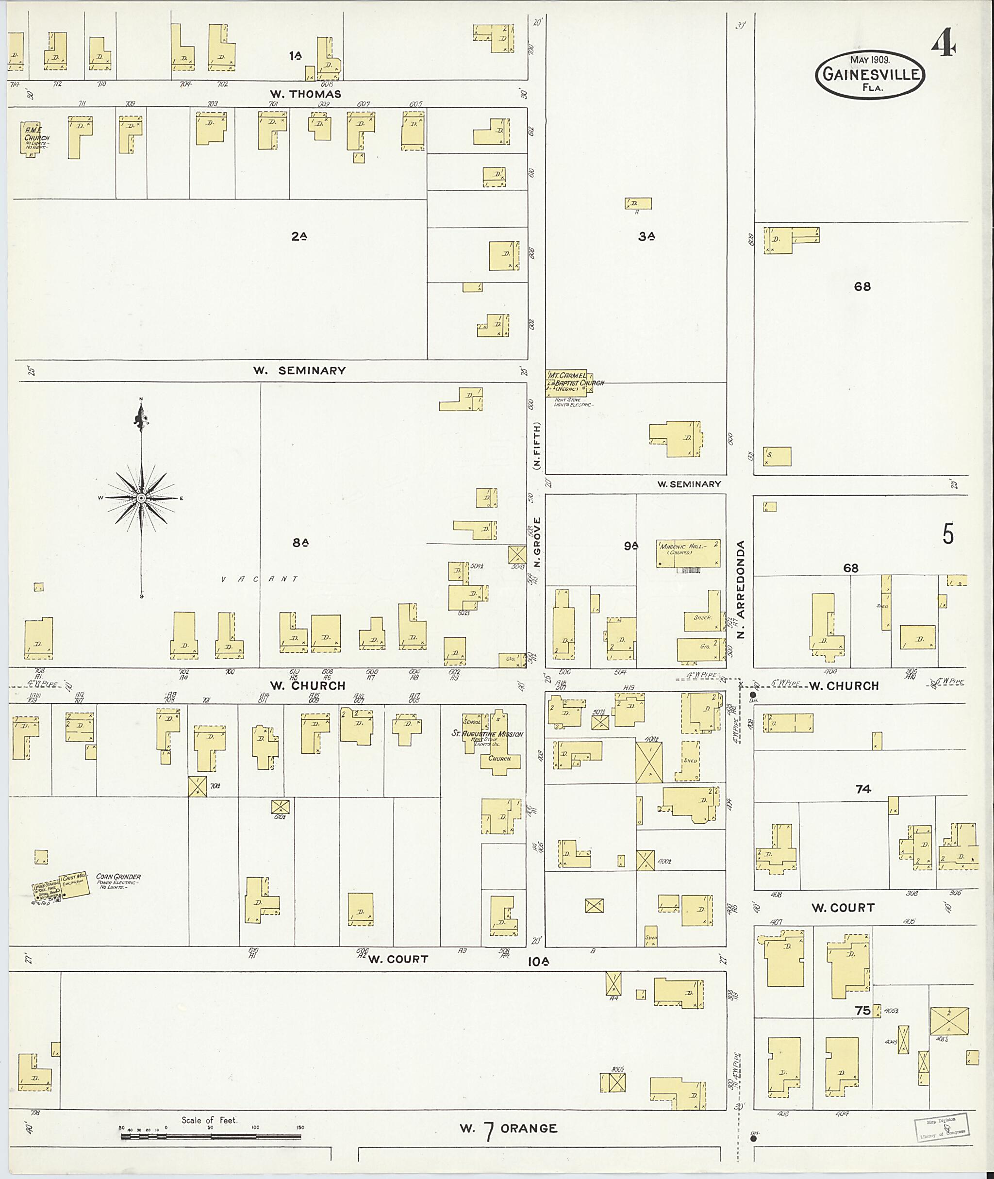 This old map of Gainesville, Alachua County, Florida was created by Sanborn Map Company in 1909