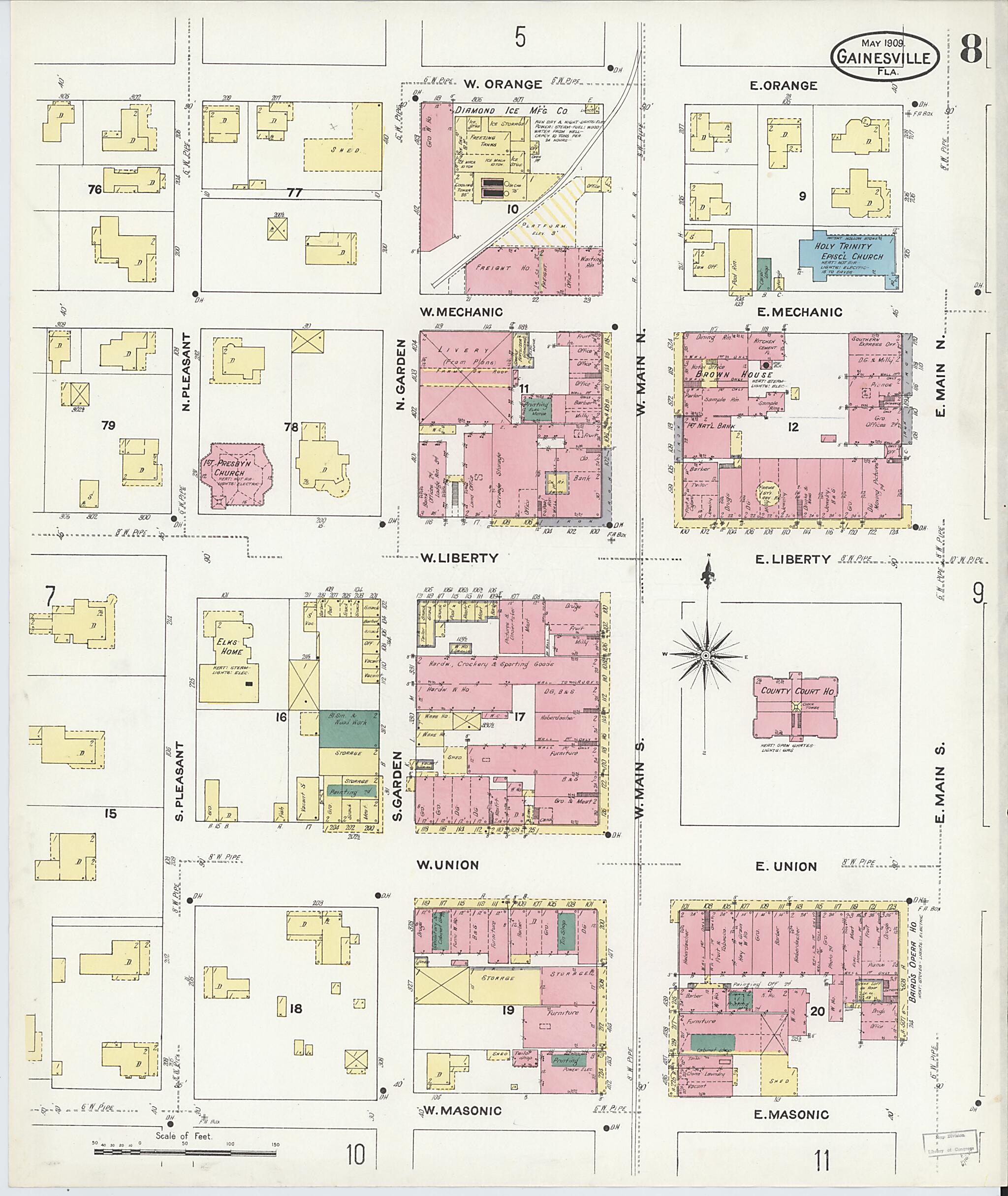 This old map of Gainesville, Alachua County, Florida was created by Sanborn Map Company in 1909