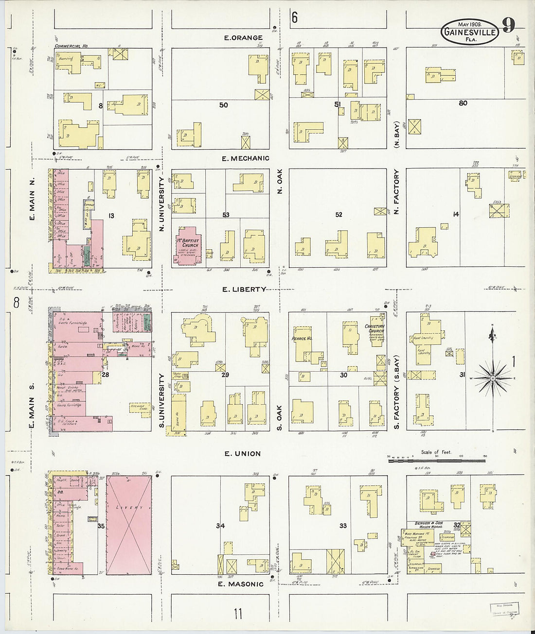 This old map of Gainesville, Alachua County, Florida was created by Sanborn Map Company in 1909