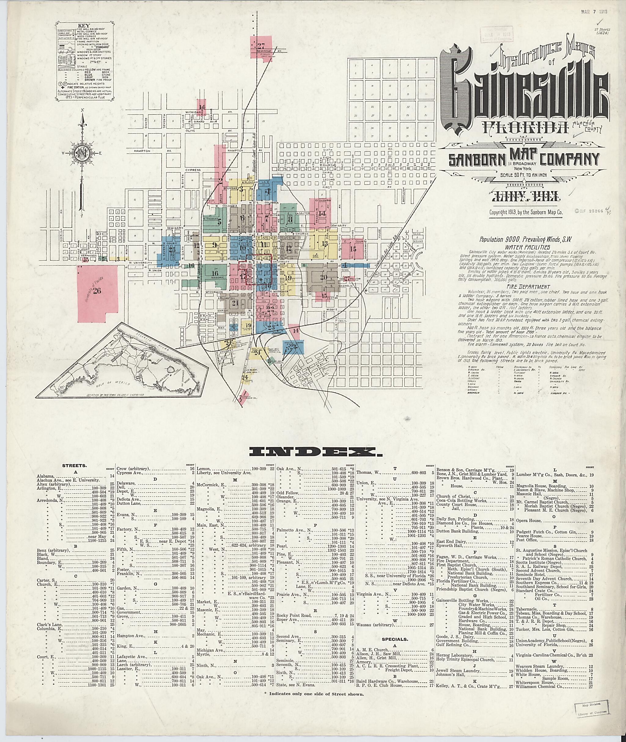 This old map of Gainesville, Alachua County, Florida was created by Sanborn Map Company in 1913