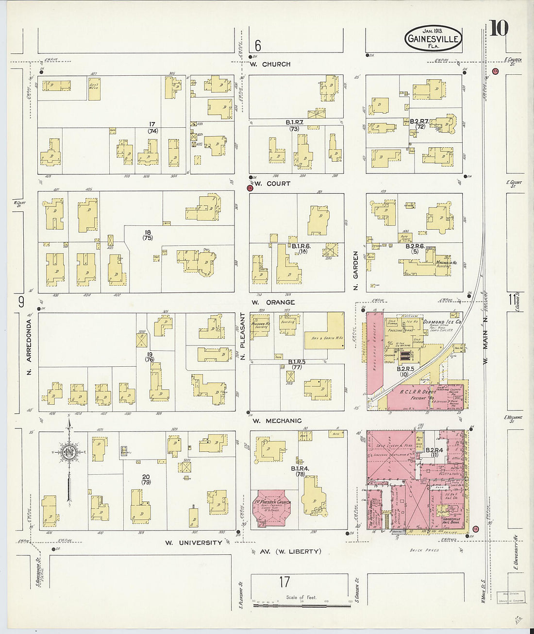 This old map of Gainesville, Alachua County, Florida was created by Sanborn Map Company in 1913