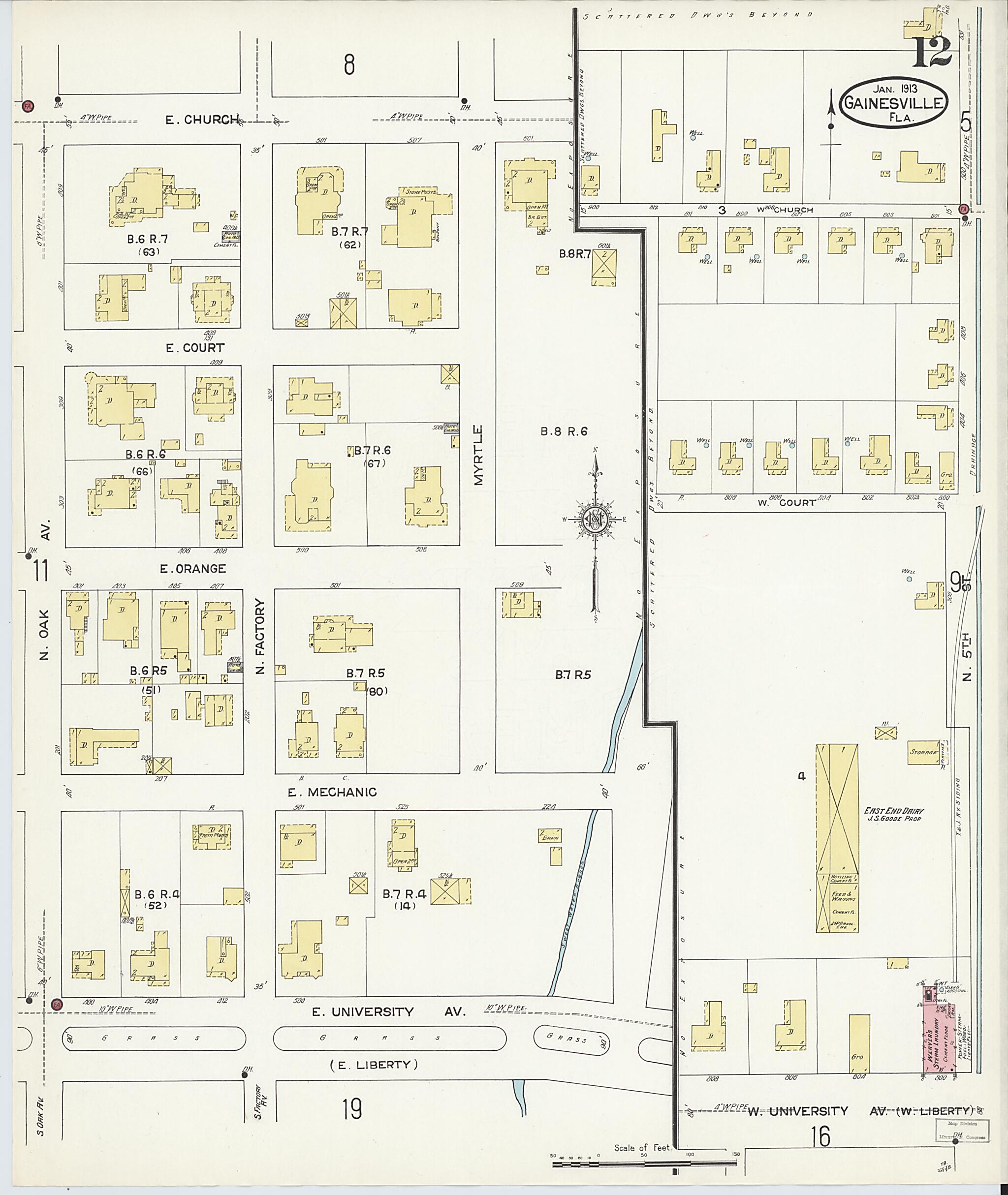 This old map of Gainesville, Alachua County, Florida was created by Sanborn Map Company in 1913