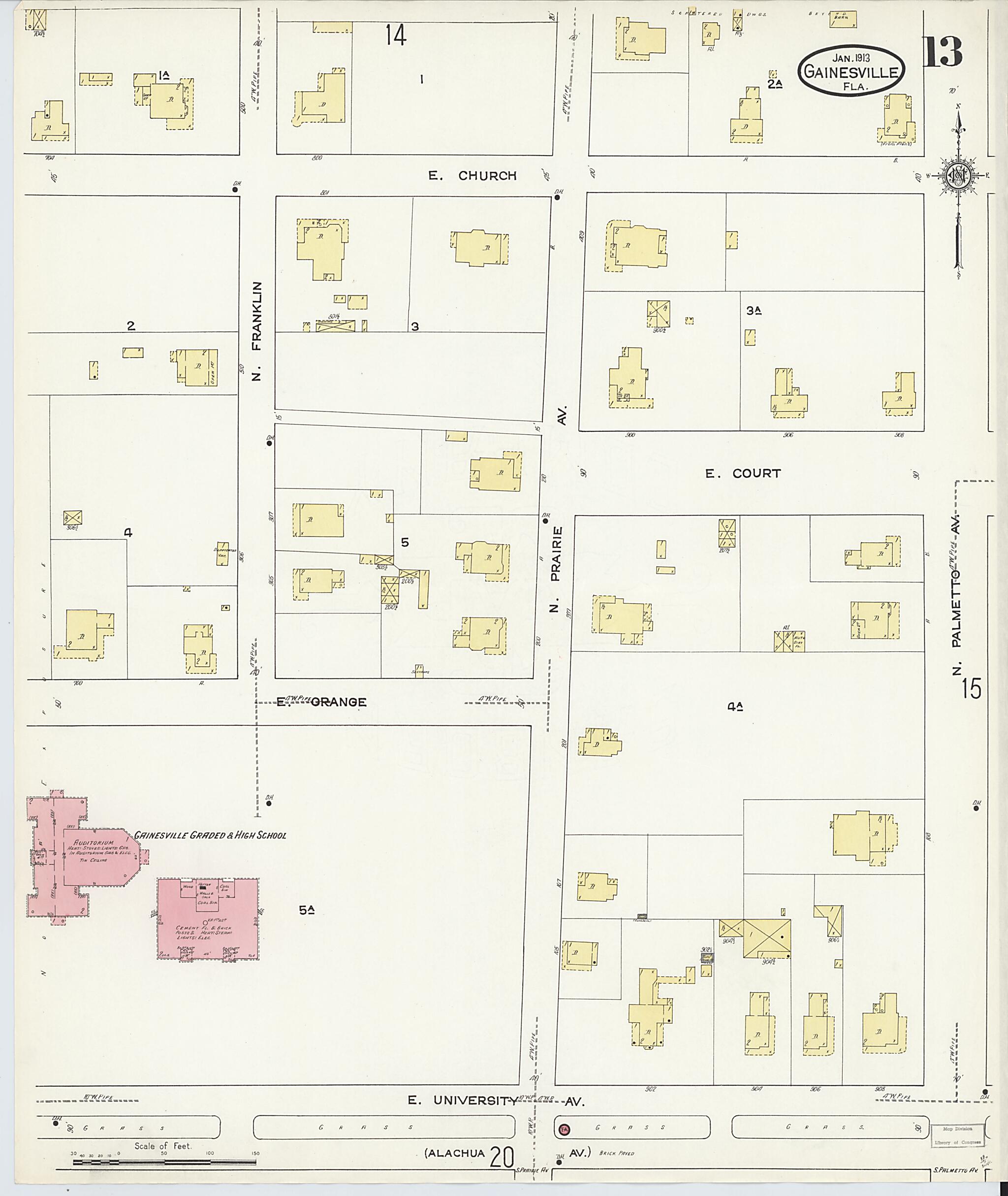 This old map of Gainesville, Alachua County, Florida was created by Sanborn Map Company in 1913