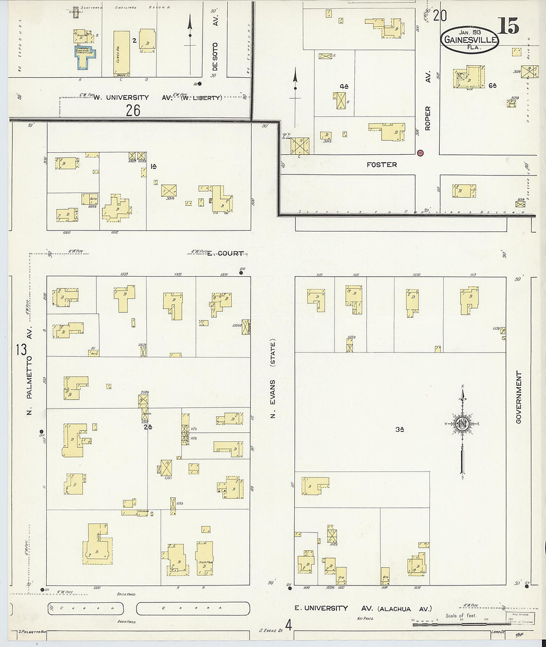 This old map of Gainesville, Alachua County, Florida was created by Sanborn Map Company in 1913