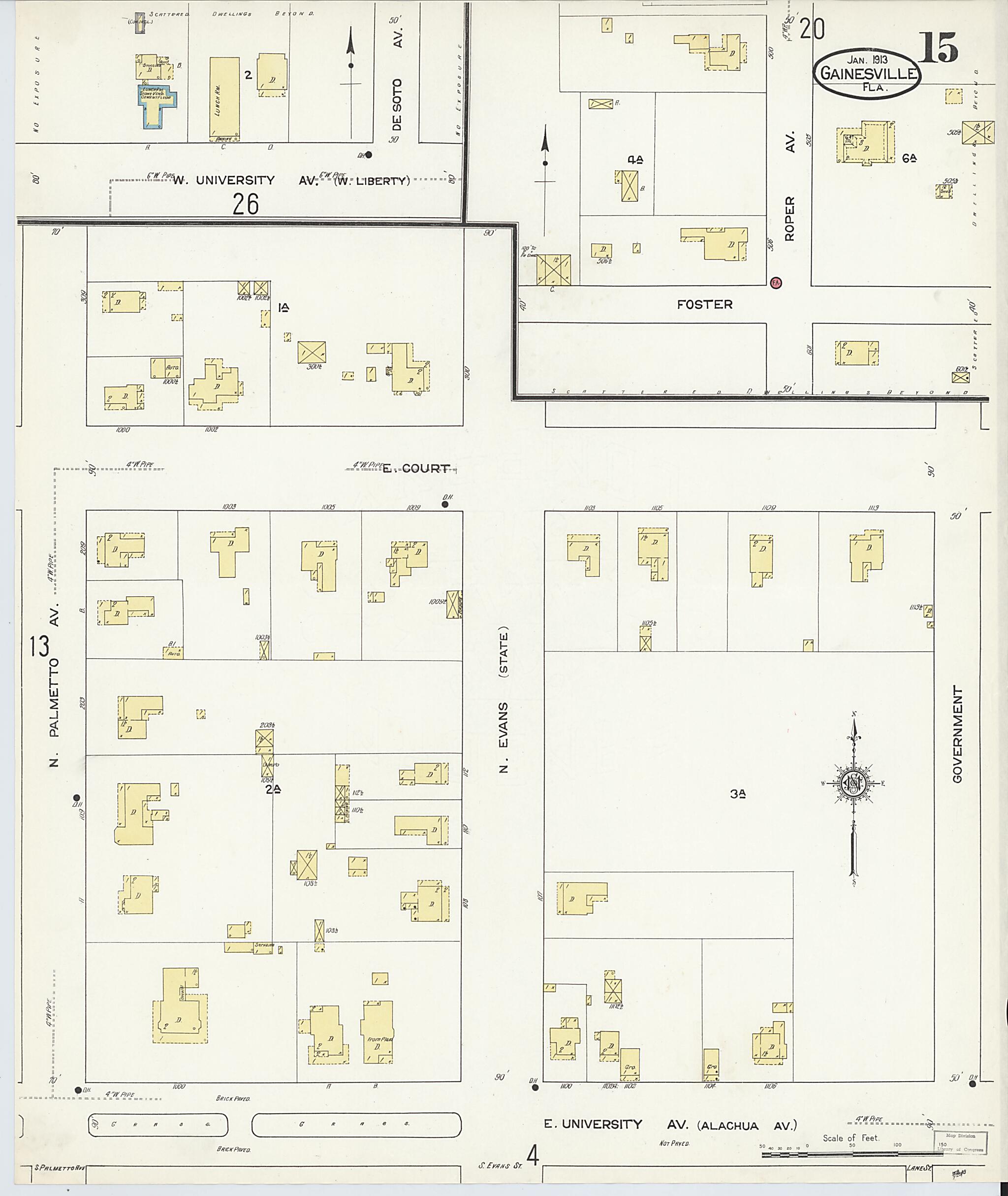 This old map of Gainesville, Alachua County, Florida was created by Sanborn Map Company in 1913