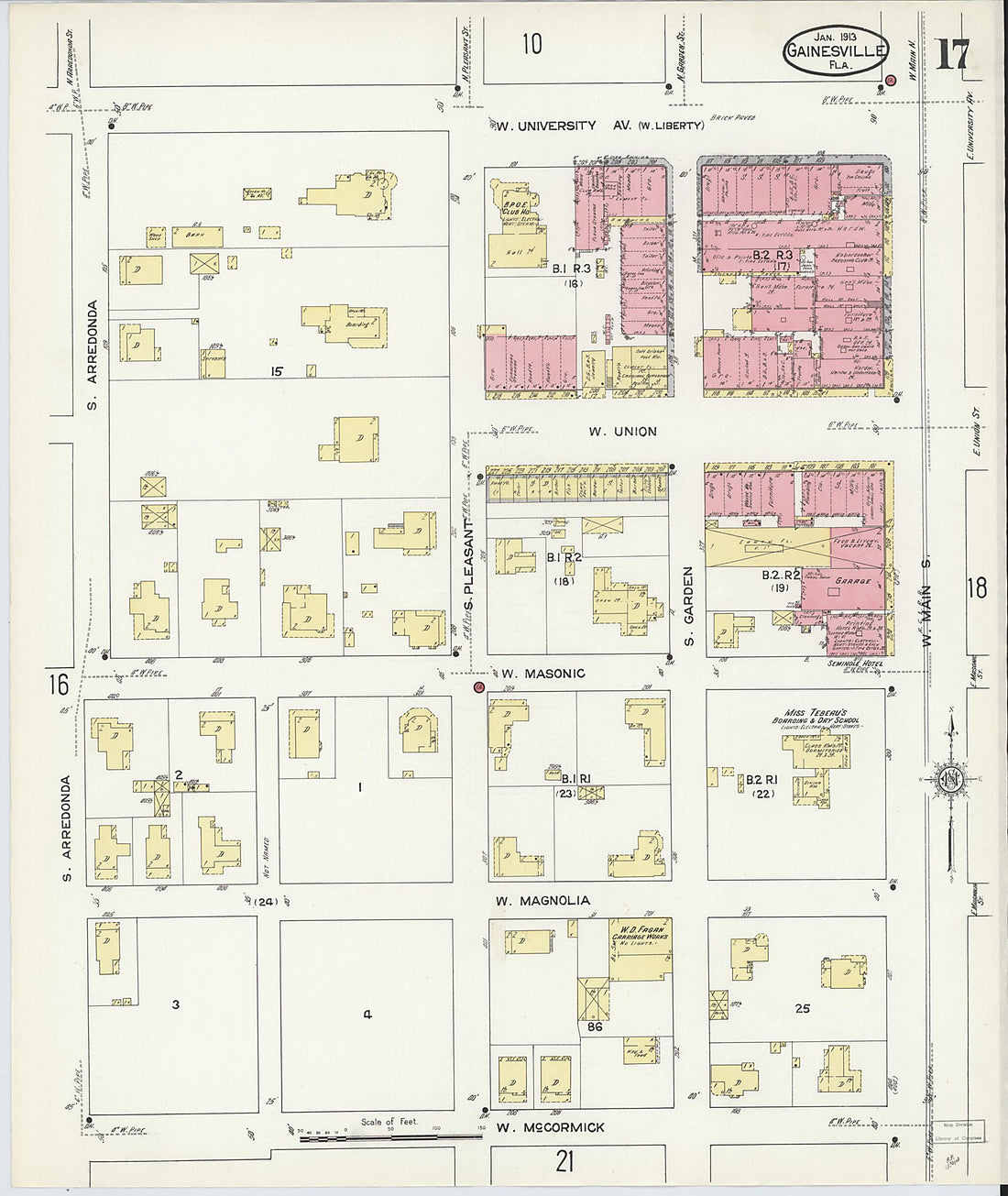This old map of Gainesville, Alachua County, Florida was created by Sanborn Map Company in 1913
